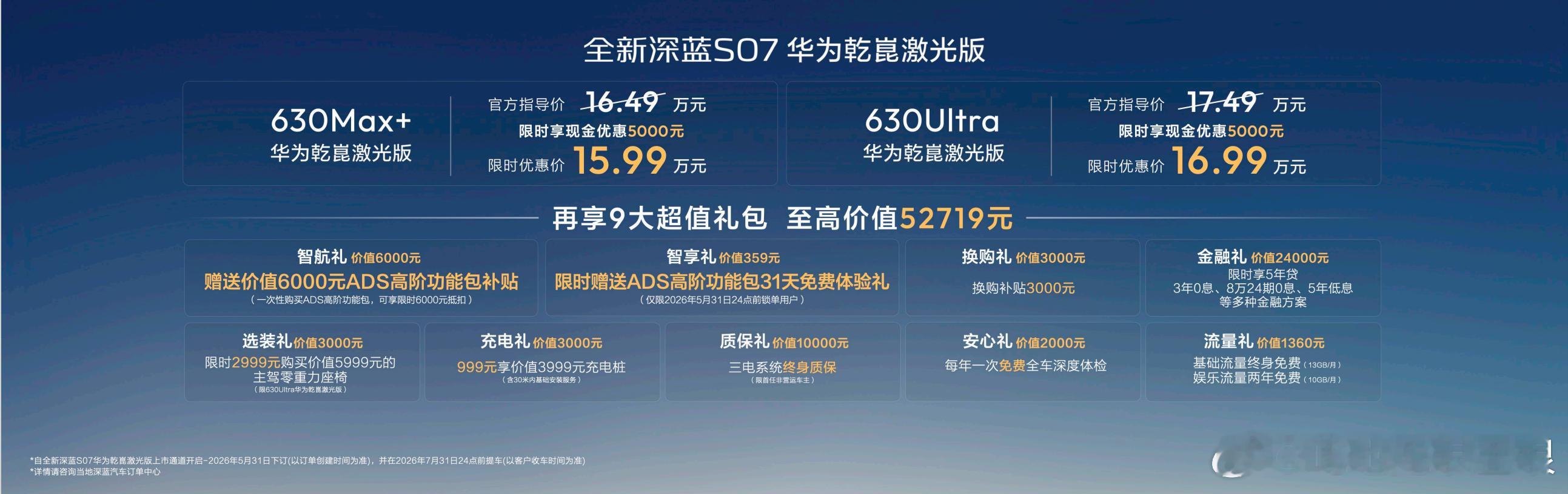 深蓝S07把华为乾崑激光价格打下来了 限时现金优惠后售价分别为15.99万和16