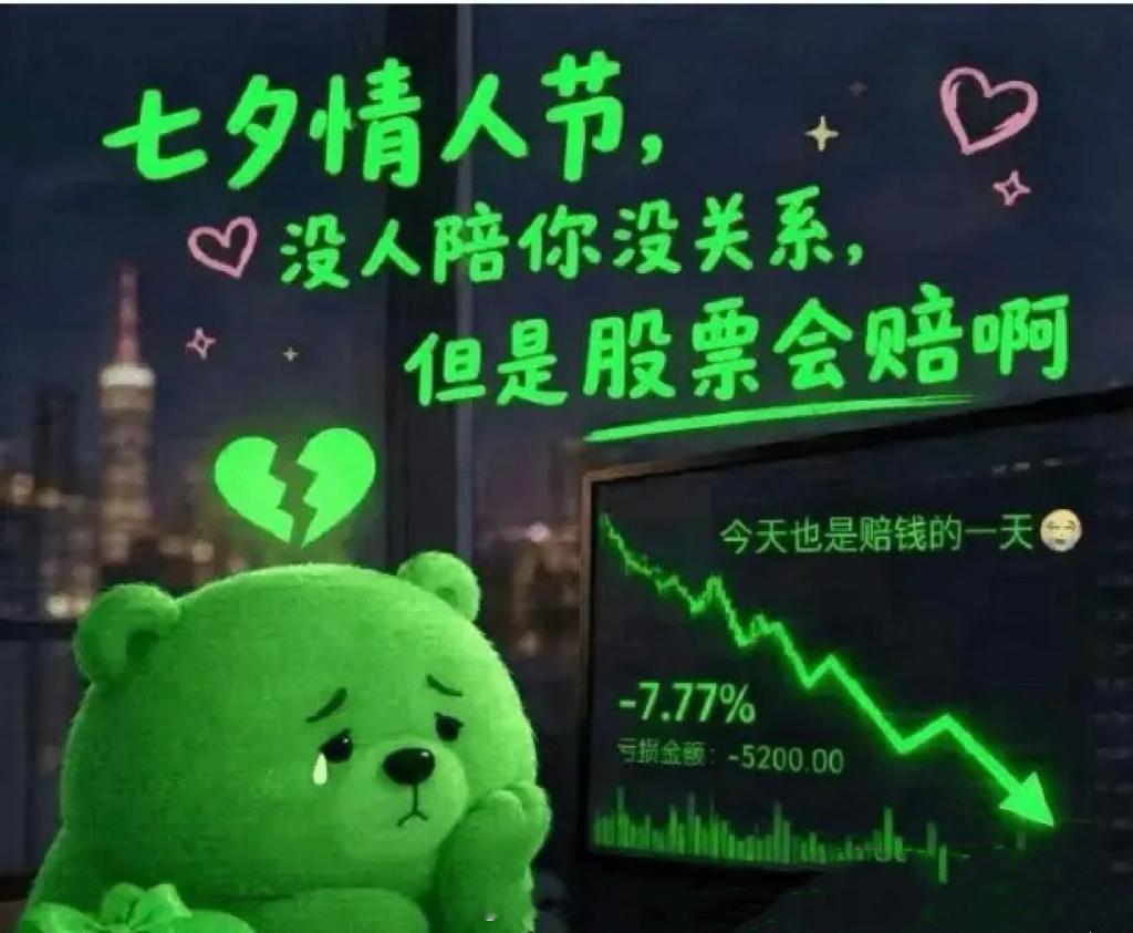就今天这行情，转一个段子吧，一个朋友发我的：今天七夕，没人陪你没关系，股票会赔。