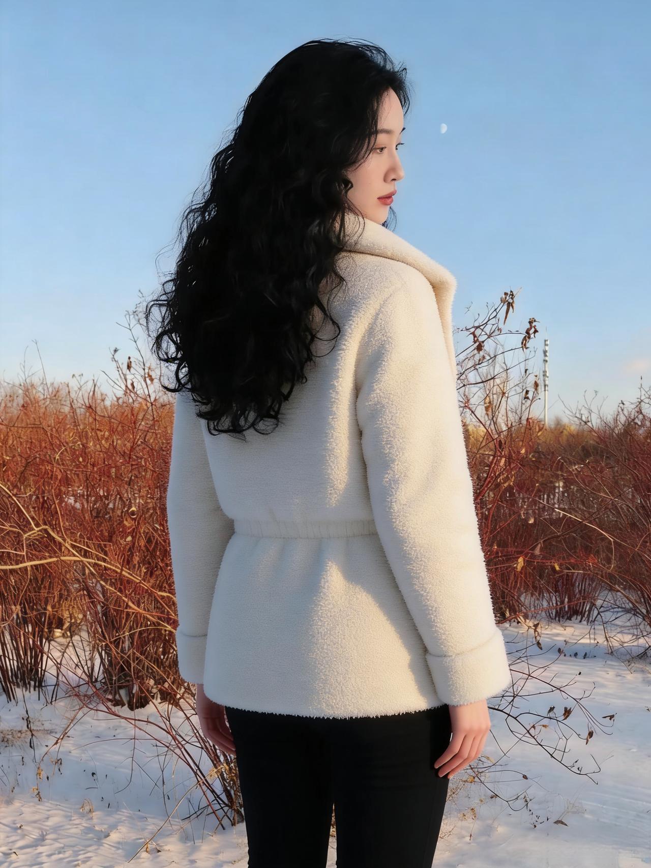 雪野凝寒素，素衣映晓霞。
卷发梳云影，纤腰束月华。
红枝遮曲岸，白氅覆寒沙。
回