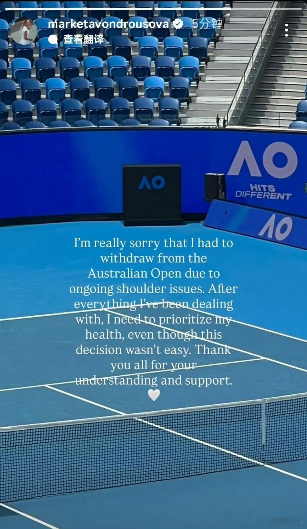 万卓索娃因伤退出澳网32号种子、2023年温网冠军马尔凯塔·万卓索娃🇨🇿，因