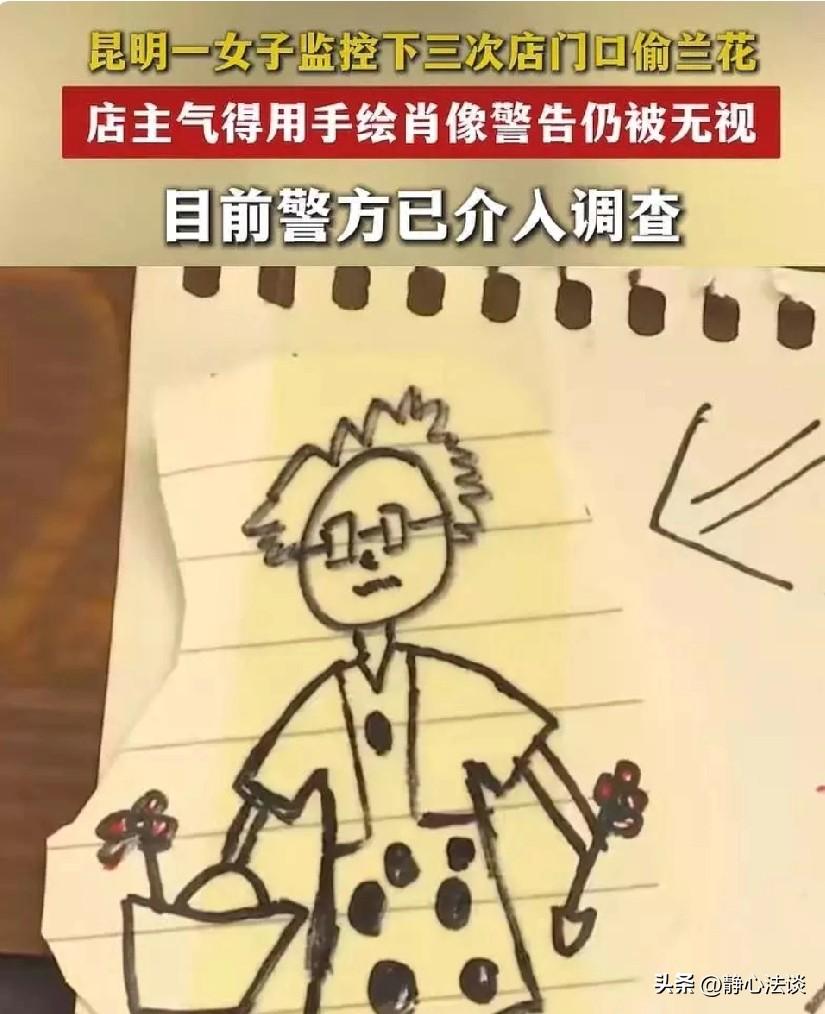 云南昆明，女子将4盆兰花摆在店门口，她发现少了1盆。调监控后发现大妈偷花。女子画