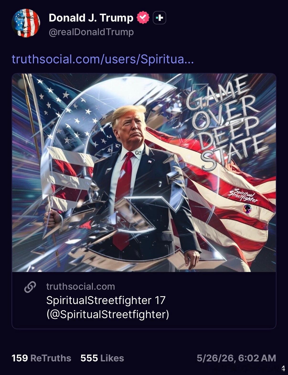 川普总统刚刚在Truth上转帖了Spiritual创作的meme迷因图“Game