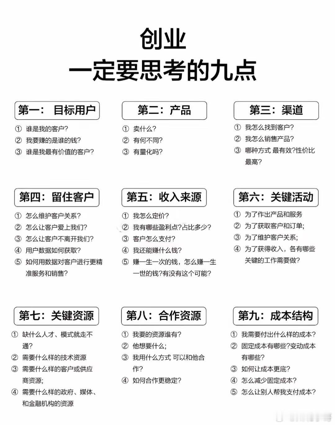 创业一定要思考的九点：1）目标用户；2）最小可行性产品；3）渠道；4）留住客户；