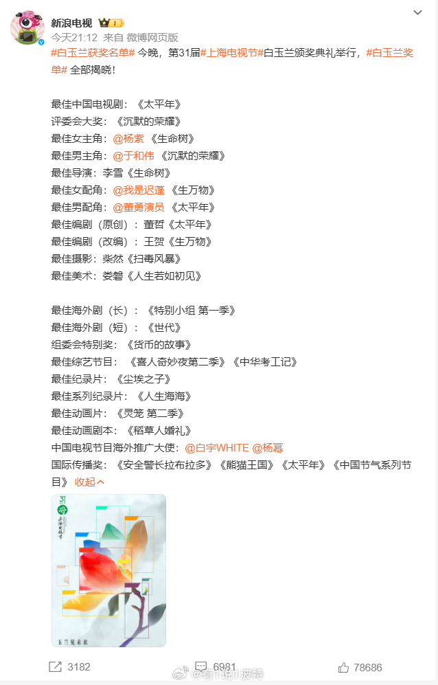 白玉兰获奖名单  天惹，杨紫白玉兰视后了？杨紫白玉兰视后 据说是90后首位白玉兰