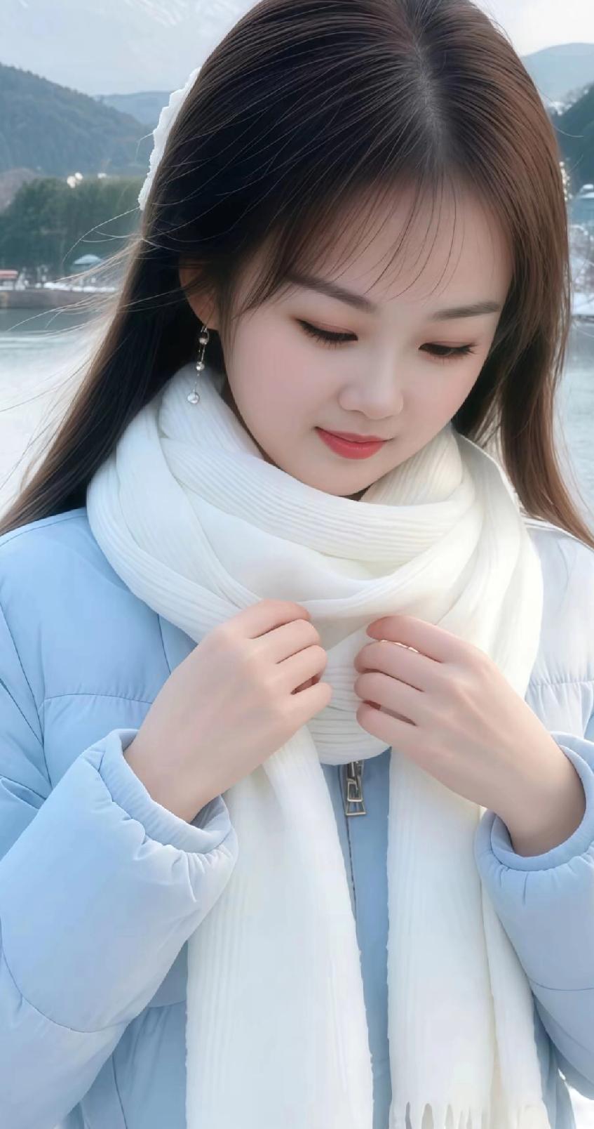 冬日暖阳下，围巾搭配浅蓝色羽绒服，温暖又时尚。