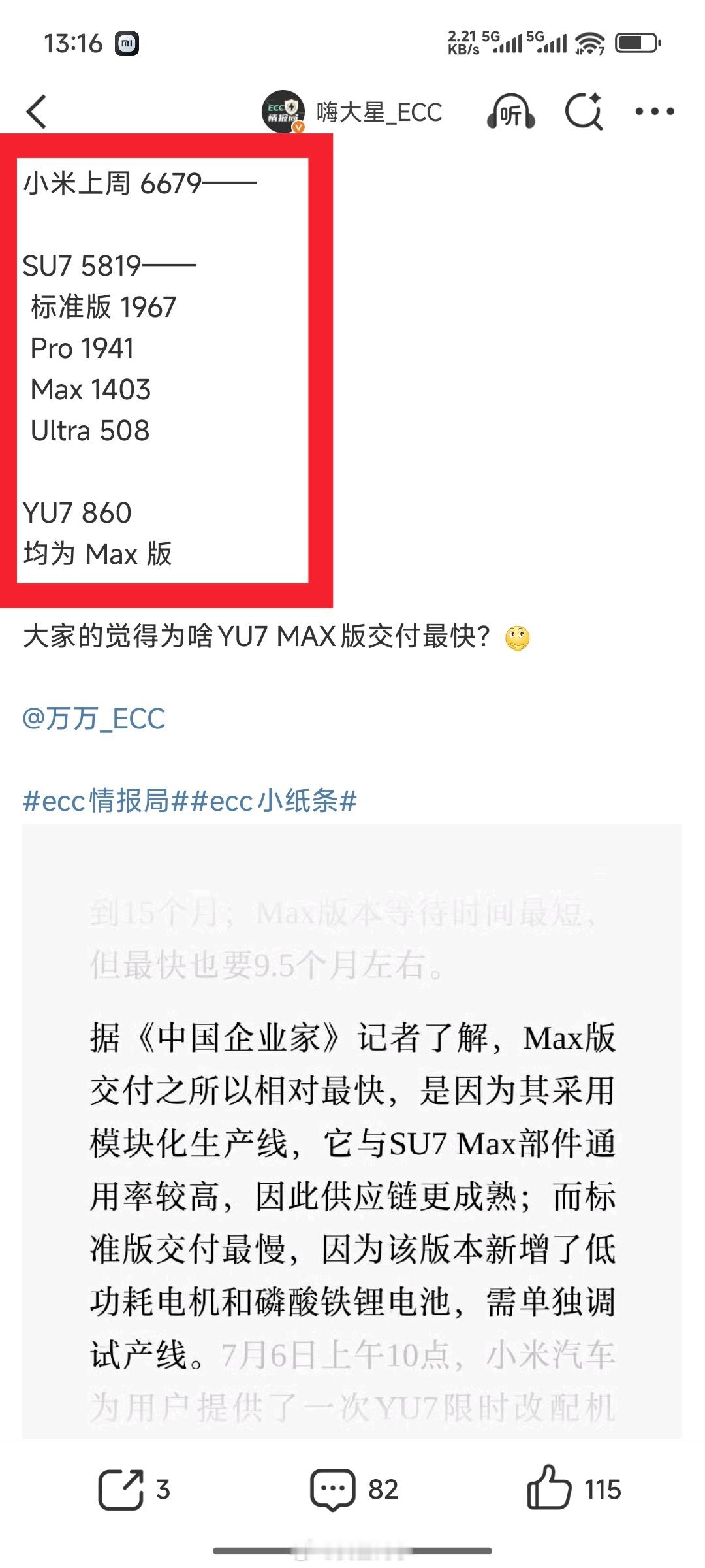看了一下小米这边上周的交付数据，几款车型都挺好[good]  之前还有人唱衰工厂