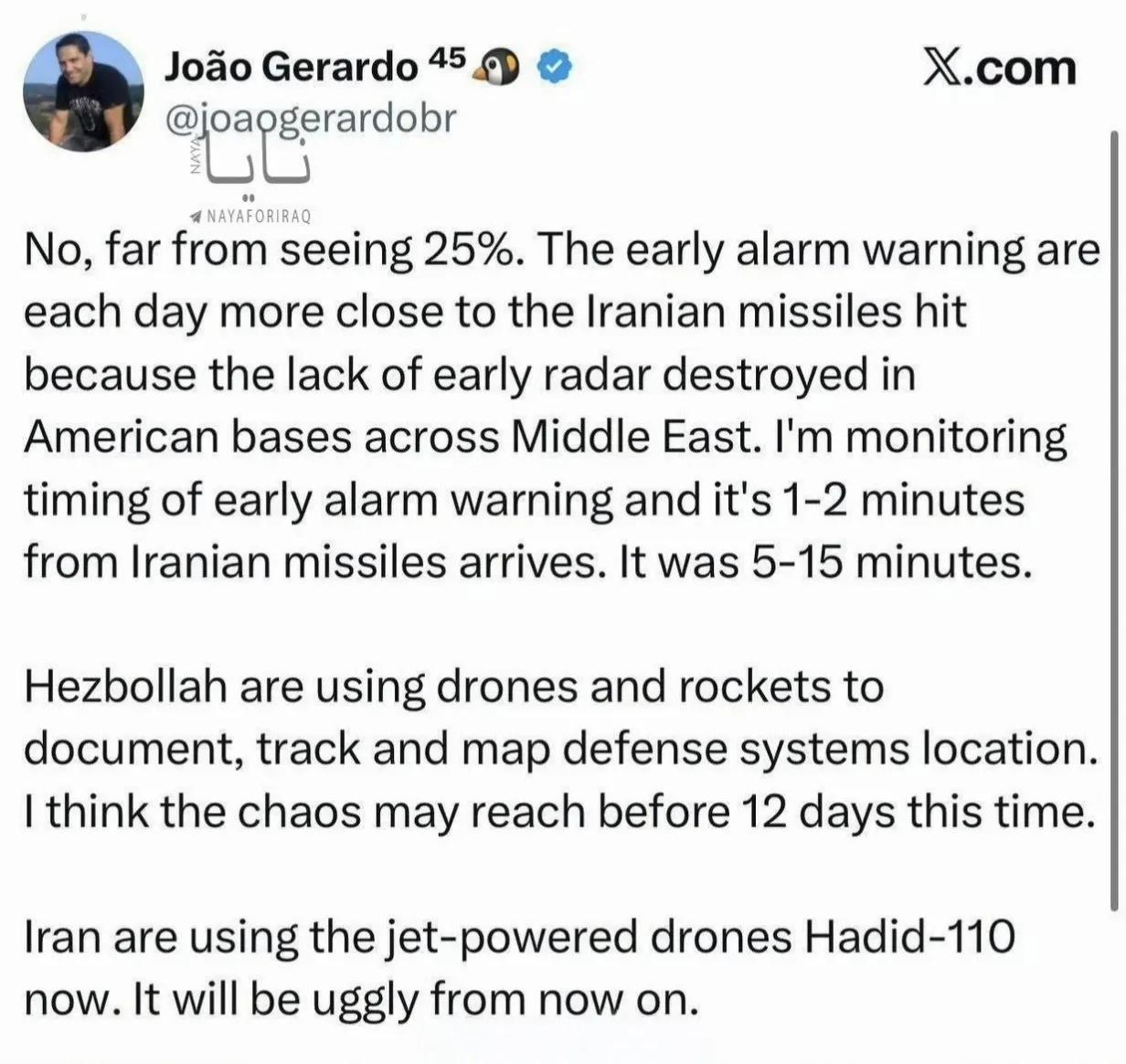 以色列记者在社交媒体上发帖称，以方对伊朗导弹的预警时间每天都在缩短。在战争开始时