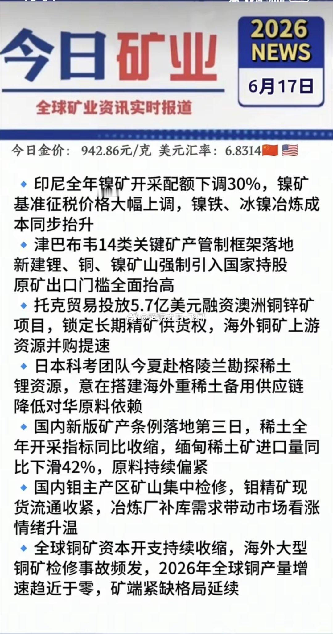 6.17周三  最新：矿业+有色新闻汇总！1.印尼镍开采配额下调30%2.津巴布