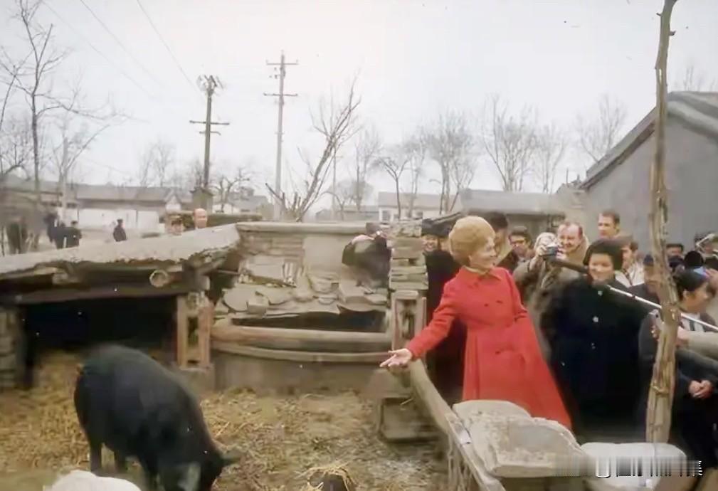 1972年2月21日，美国总统尼克松夫人（前左）在译员章含之（前右一）等陪同下到