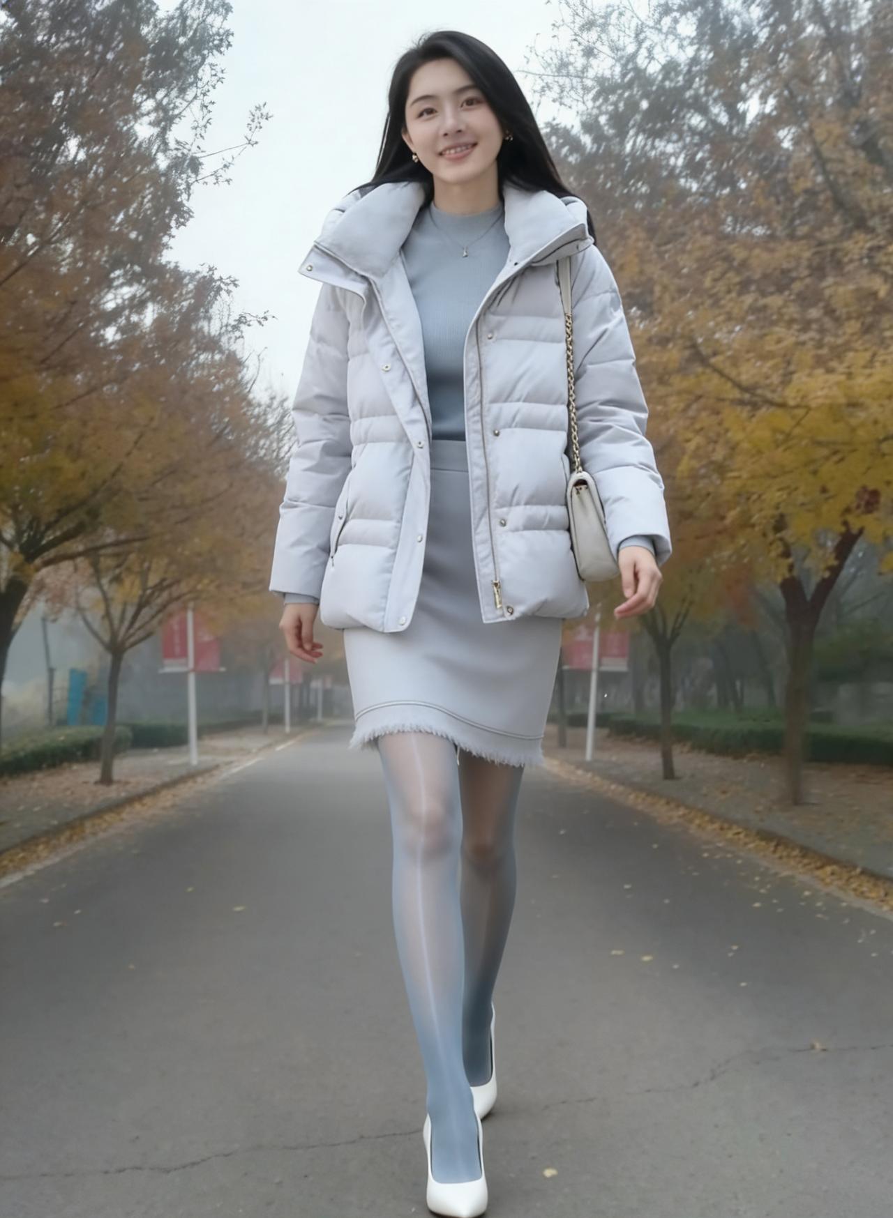 秋雾笼长街，霜林叶半黄。
轻裘染浅素，纤袂拂微凉。
步稳鞋欺雪，鬟轻鬓带霜。
行