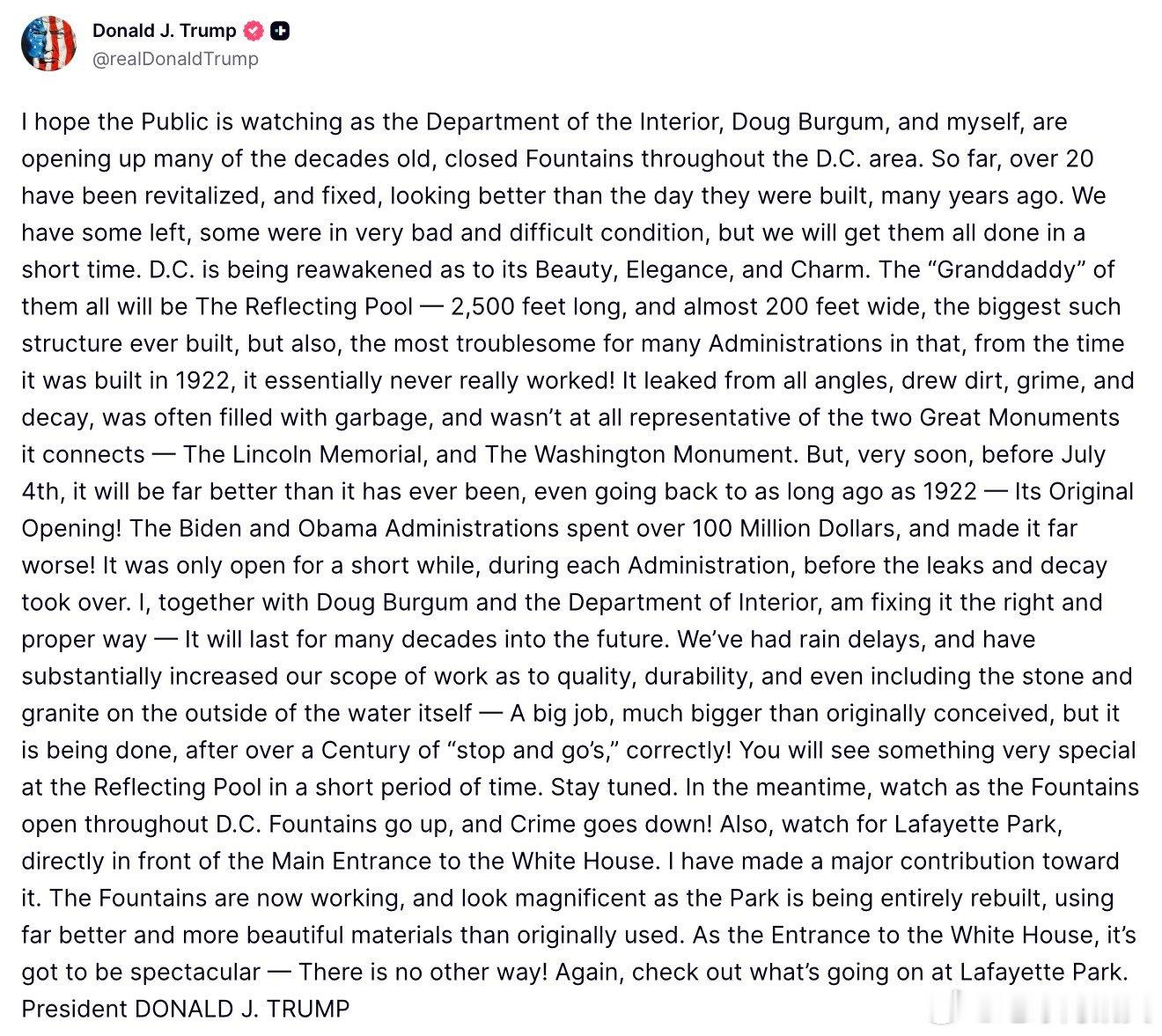 ‼️特朗普称要让华盛顿再次容光焕发：“我希望公众正在关注，内政部、道格·伯古姆（