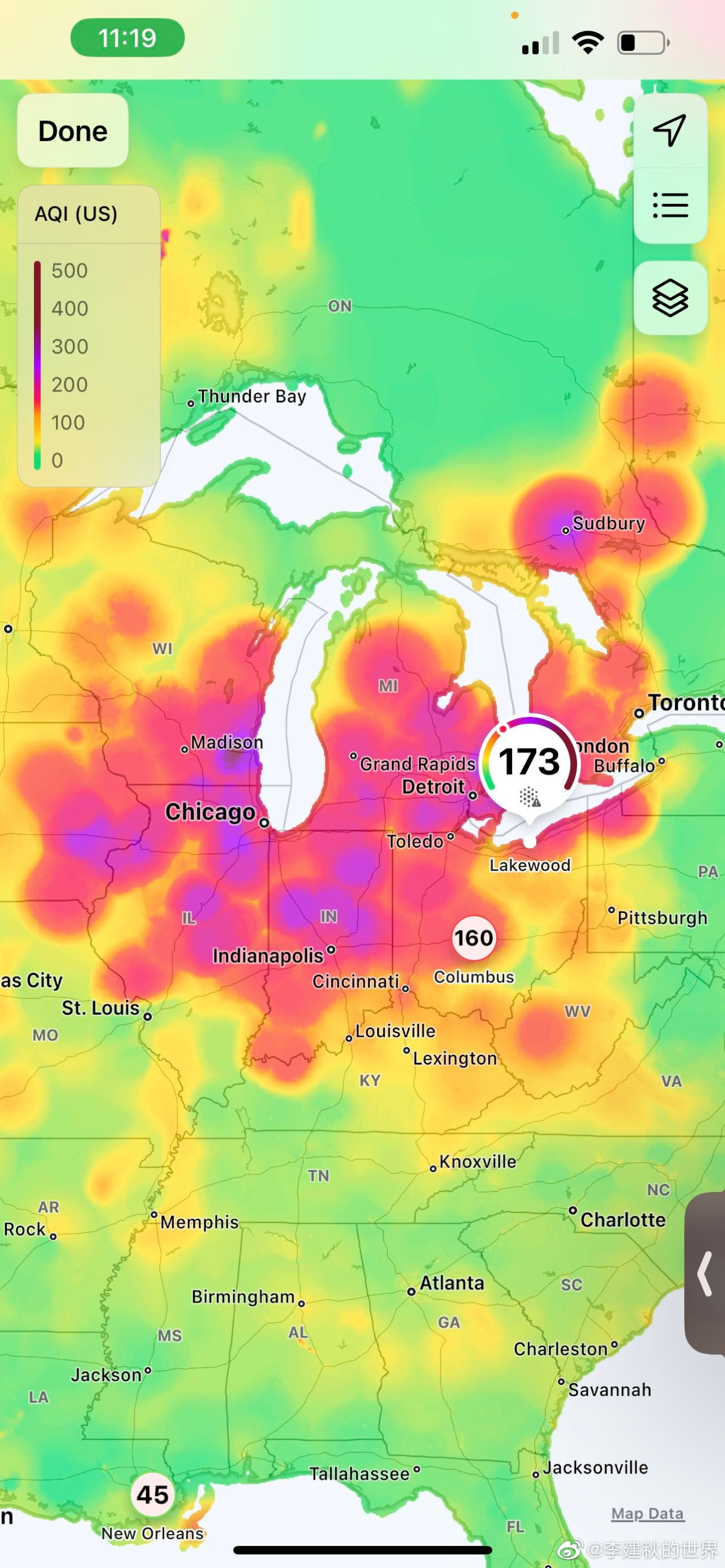 北美小伙伴发来消息：请看五大湖的空气质量。我问了一下，是不是加拿大的野火还没熄。
