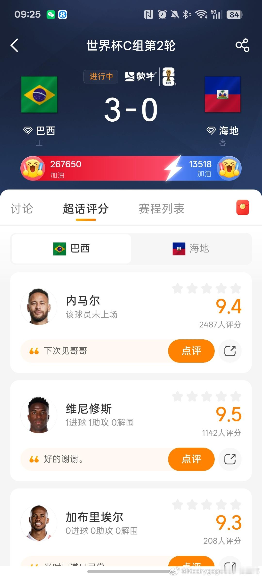 【抽奖！！】半场比赛结束，巴西队暂时3-0领先！ 谁是表现最好的球员？ 在巴西球