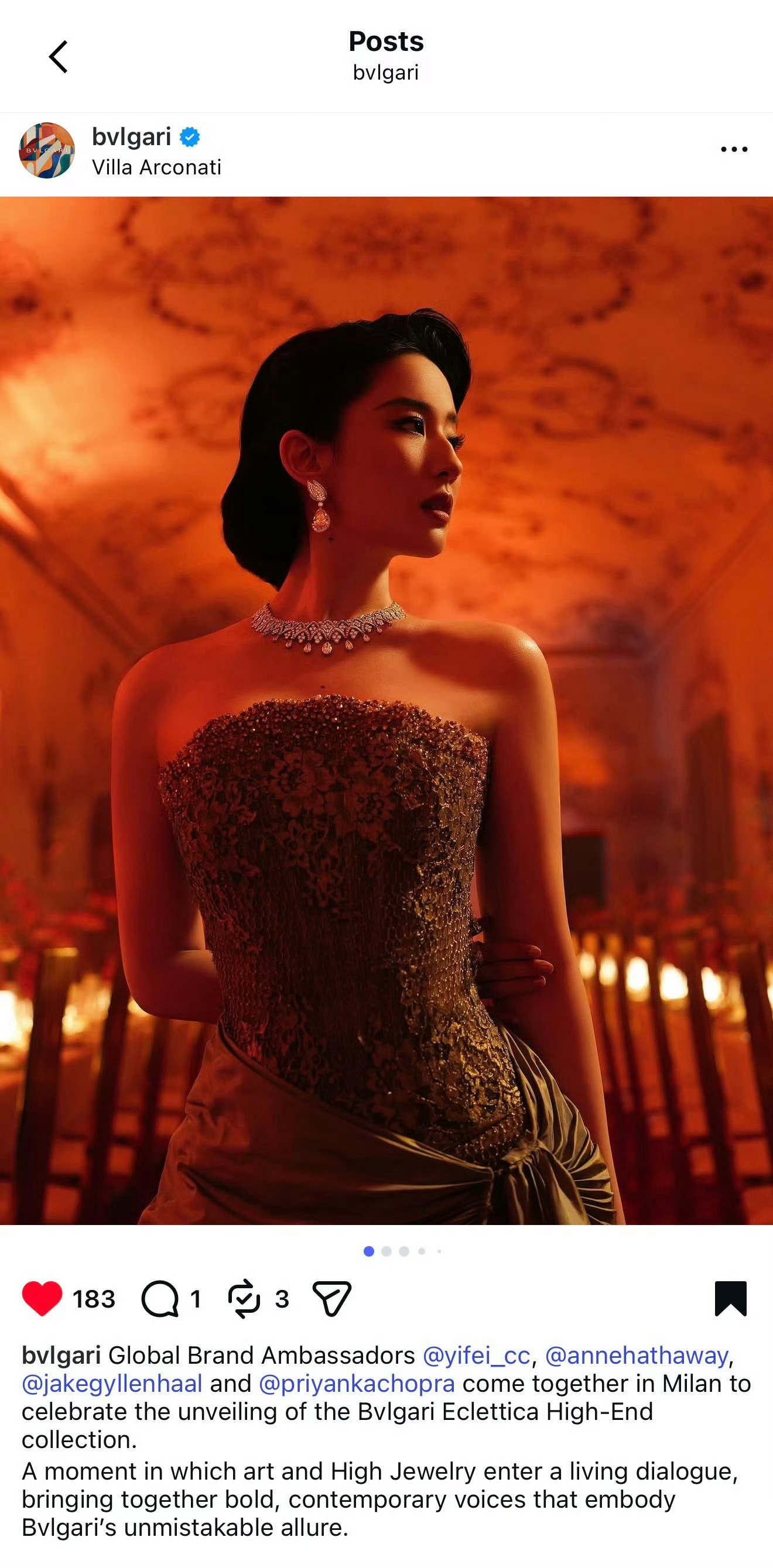 宝格丽IG /  Tik Tok全都首认领（首图+首艾特），太美了，刘亦菲待遇很