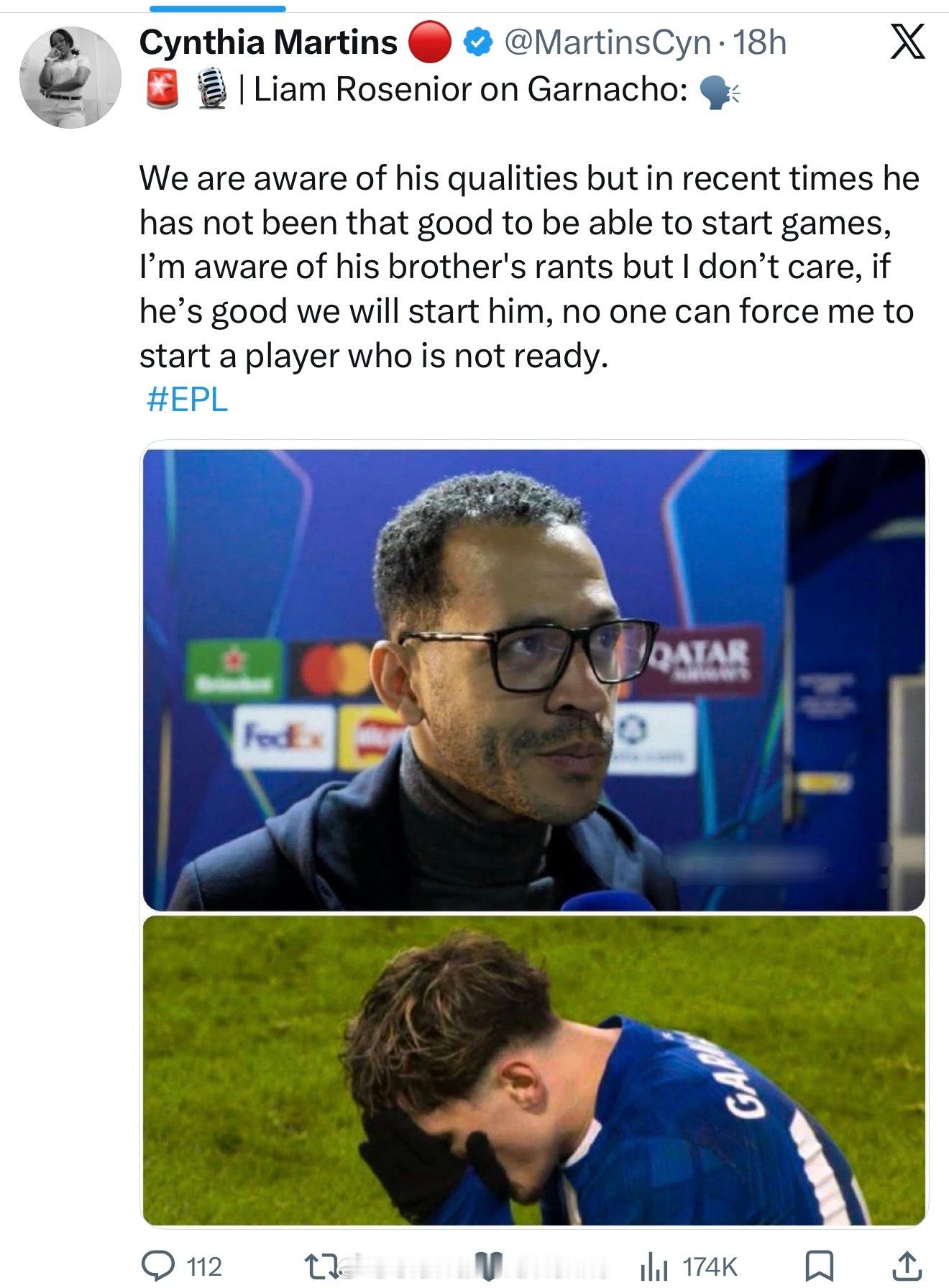 切尔西主帅谈加纳乔“我们知道他的能力，但最近以来一直的表现没有优秀到让他首发出场