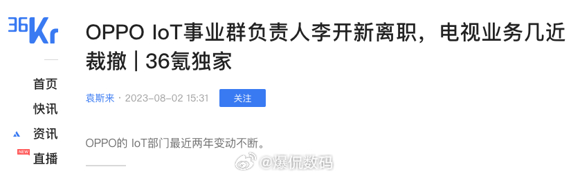 OPPO IoT事业群负责人离职，电视还做吗？36氪消息，OPPO集团助理副总裁