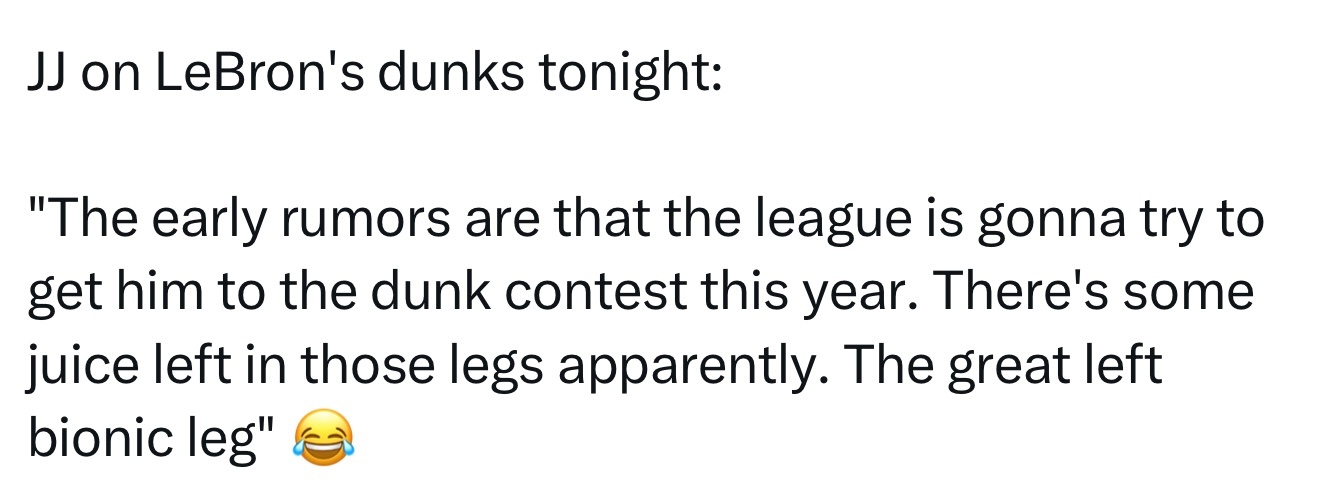 雷迪克谈詹姆斯今晚的扣篮：“据初步传言，联盟今年打算邀请他参加扣篮大赛。看来他那