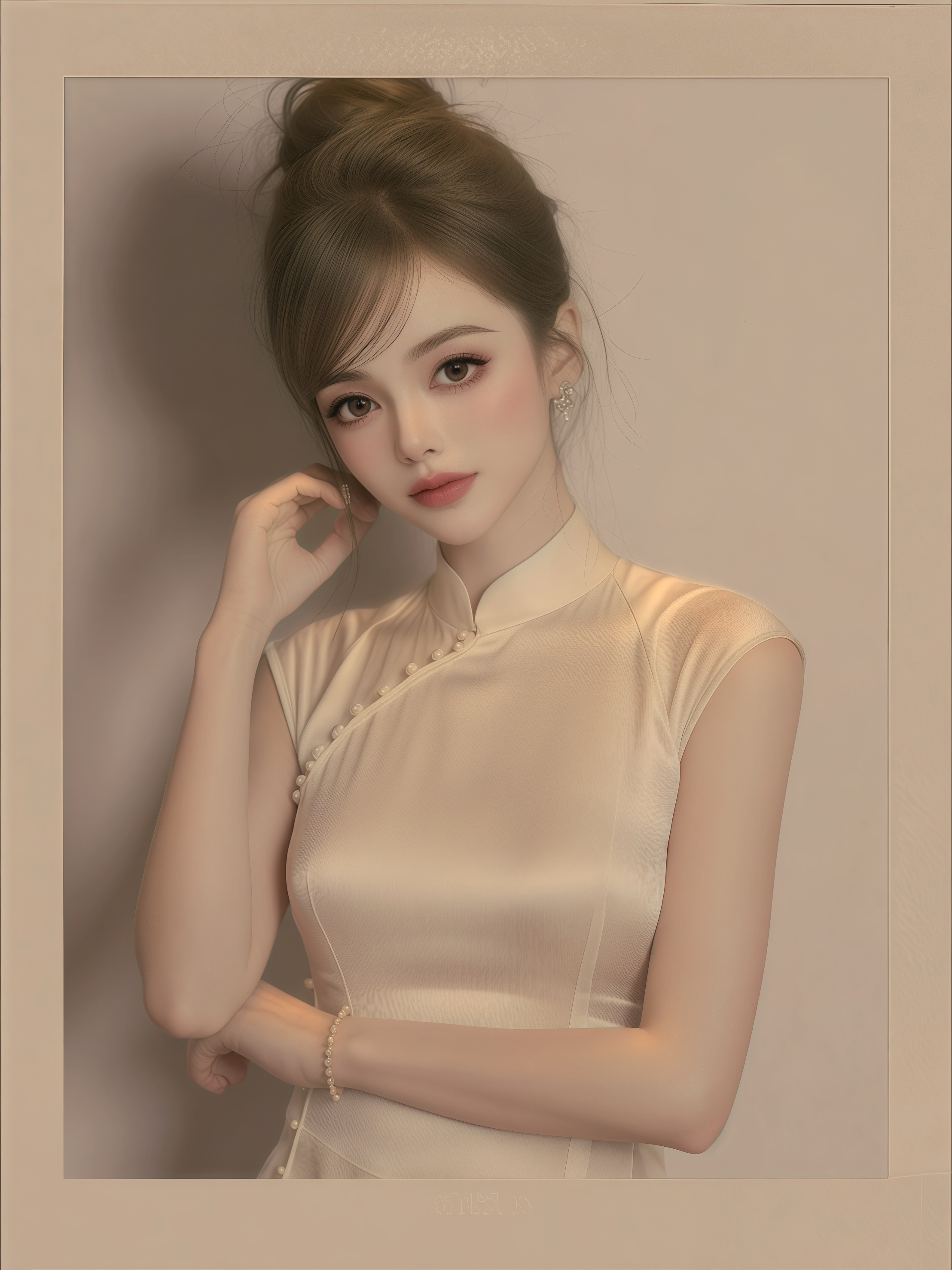 她就像你图上画的那样，没有穿大红大紫的吉服，只着一袭米白缎面的改良旗装，领口的珍