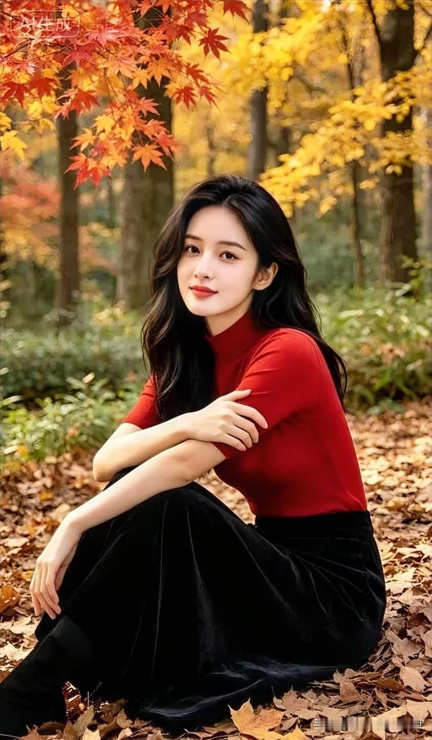 红枫如火映秋意，红衣黑裙勾勒温婉，席地而坐间，尽释岁月沉淀的静美与从容。