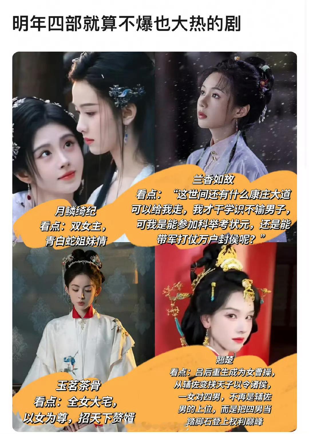网友预言明年四部不大爆也会热播的剧：《月麟绮纪》、《兰香如故》、《玉茗茶骨》、《
