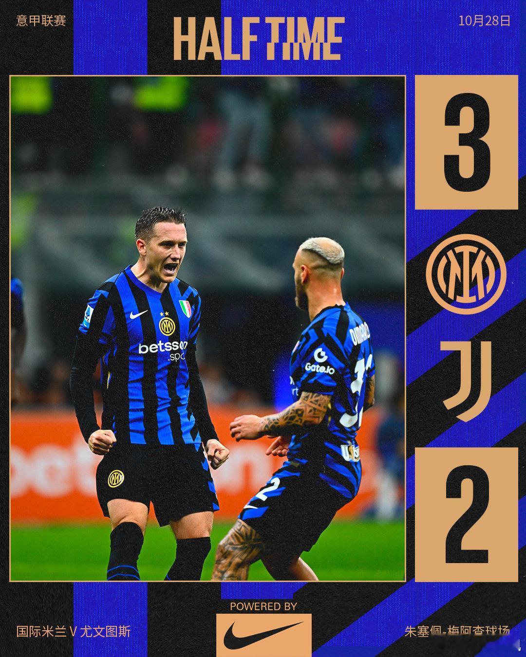 ⏸跌宕起伏的上半场比赛结束，我们暂时3比2领先尤文图斯！#ForzaInter#