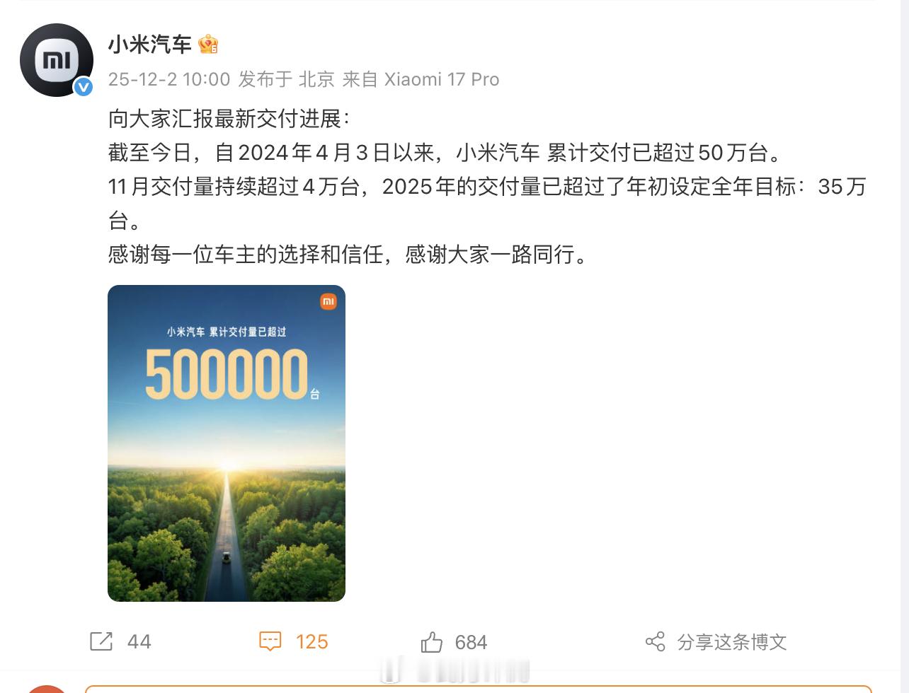 小米汽车交付量已超全年目标 今天小米公布了个好消息，他们家累计第50万辆车已经交