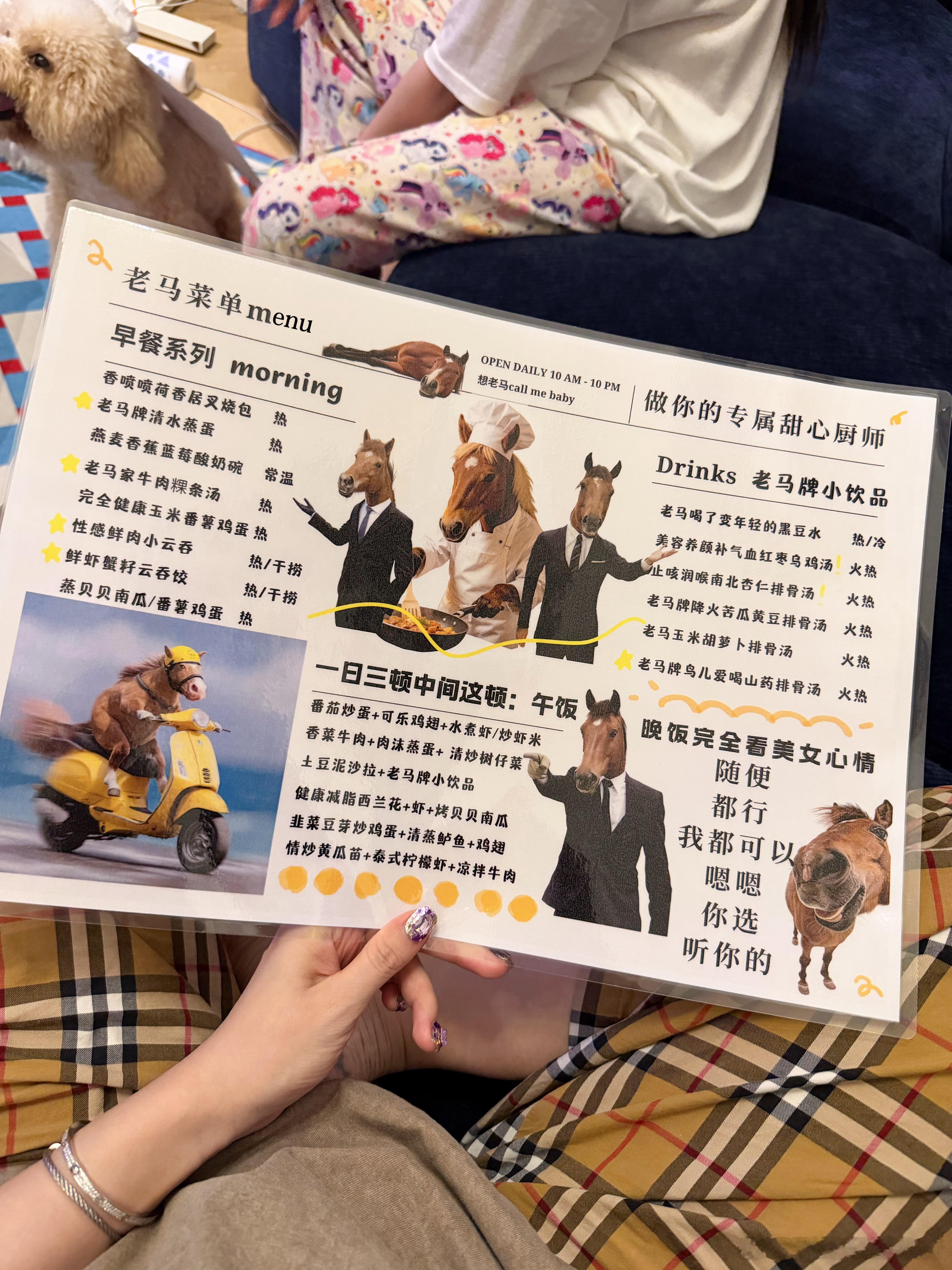 小助理老马做的菜单哈哈哈哈哈哈哈哈哈那几只马是她自己diy做的 笑到我眼泪都出来