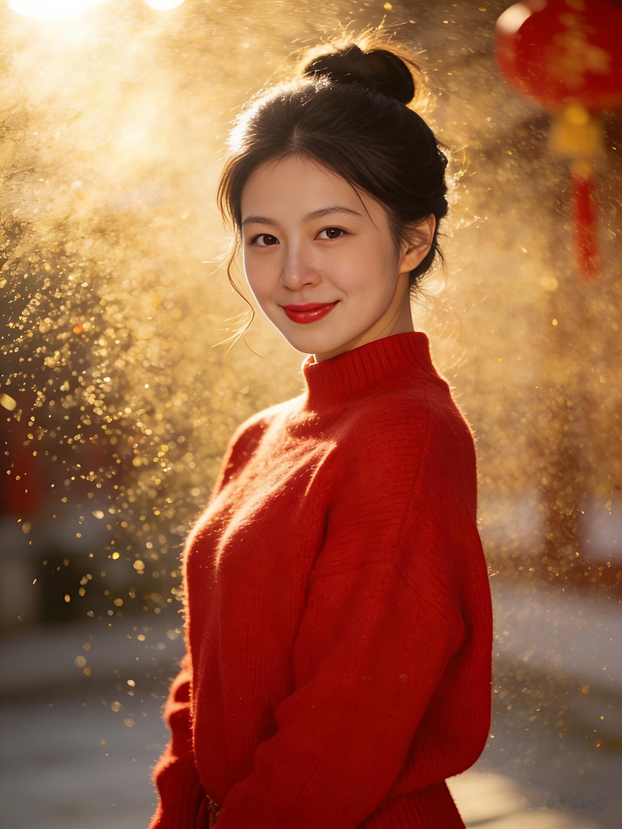 穿红衣的姑娘在阳光中微笑。