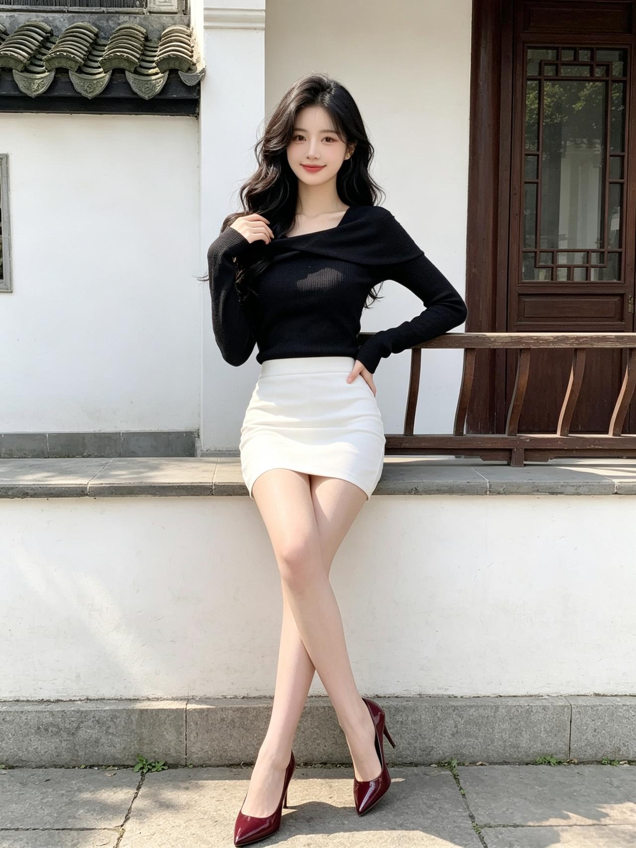 女人如何穿出含蓄的性感? 黑衫白裙配红鞋，阳光洒在江南庭院，这身穿搭太显腿长了吧
