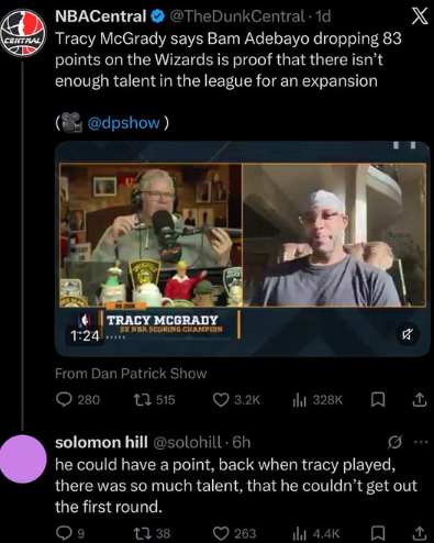 所罗门-希尔点评麦迪言论：他当年从未跨过季后赛首轮