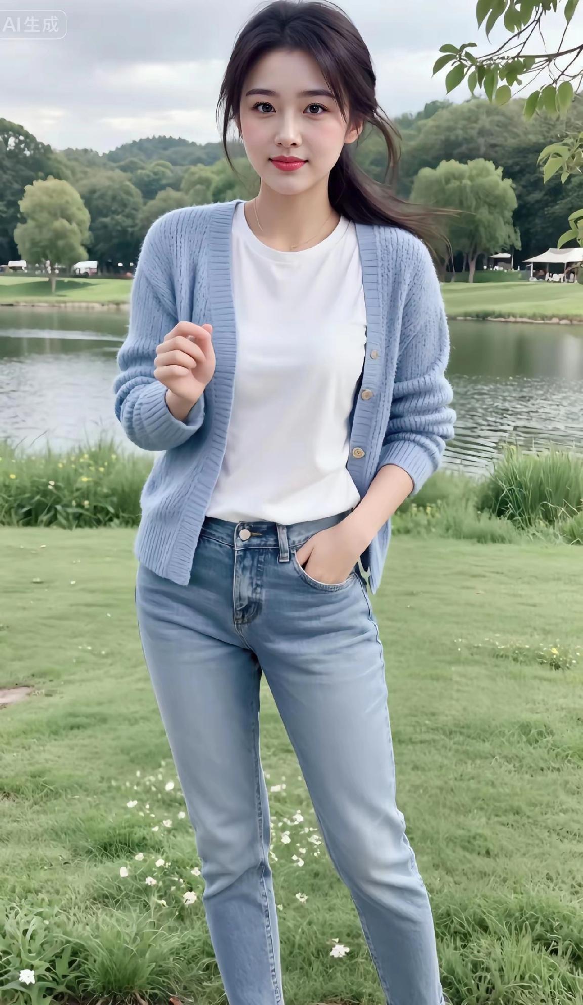 春日穿搭指南：浅蓝色牛仔裤+白色T恤+浅蓝色针织开衫，清新自然，轻松惬意。甜妹穿