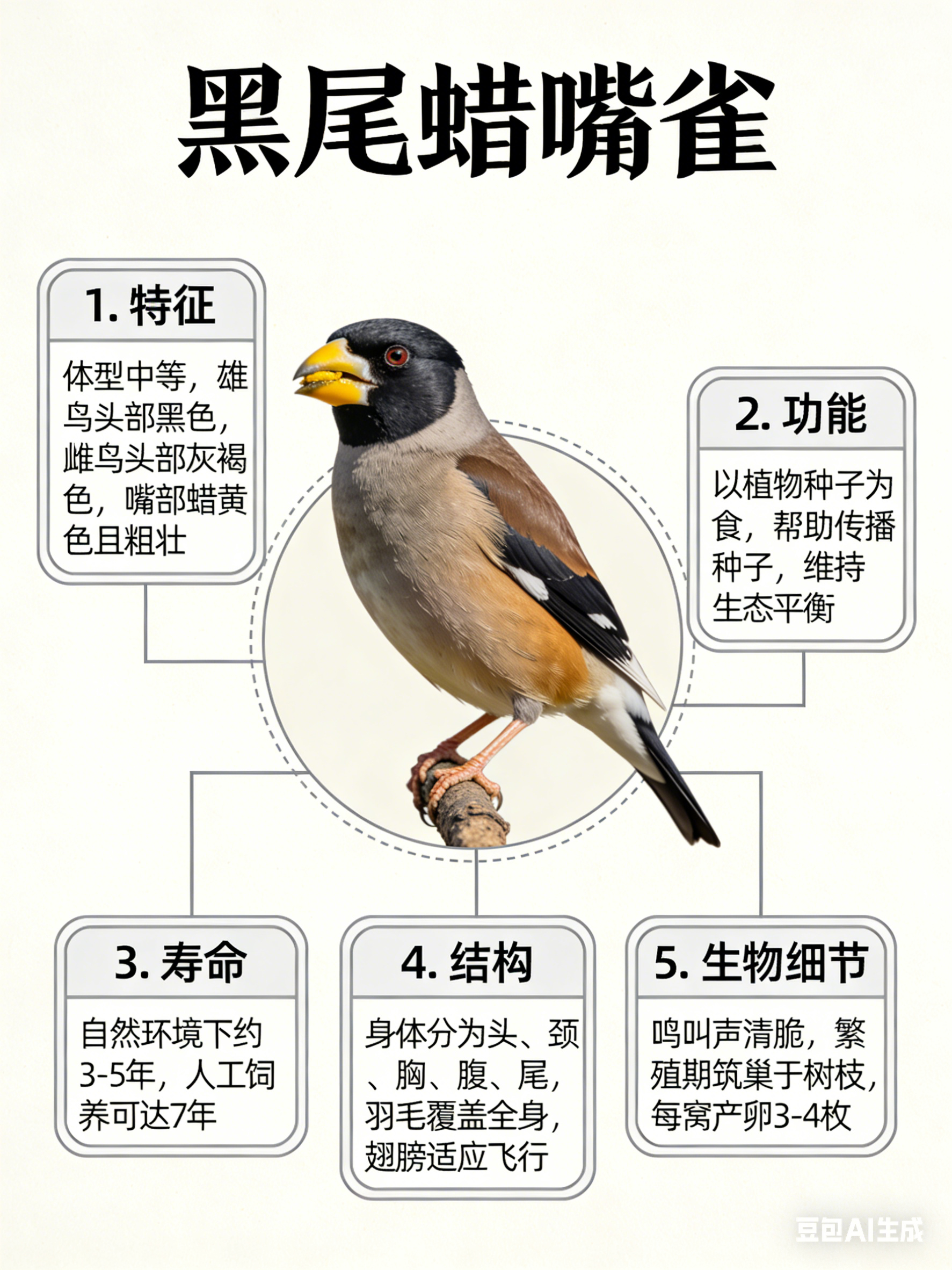 我AI的动物 黑尾蜡嘴雀来啦它就像个灵动的小机灵鬼，圆滚滚的身子，搭配上黑得发亮