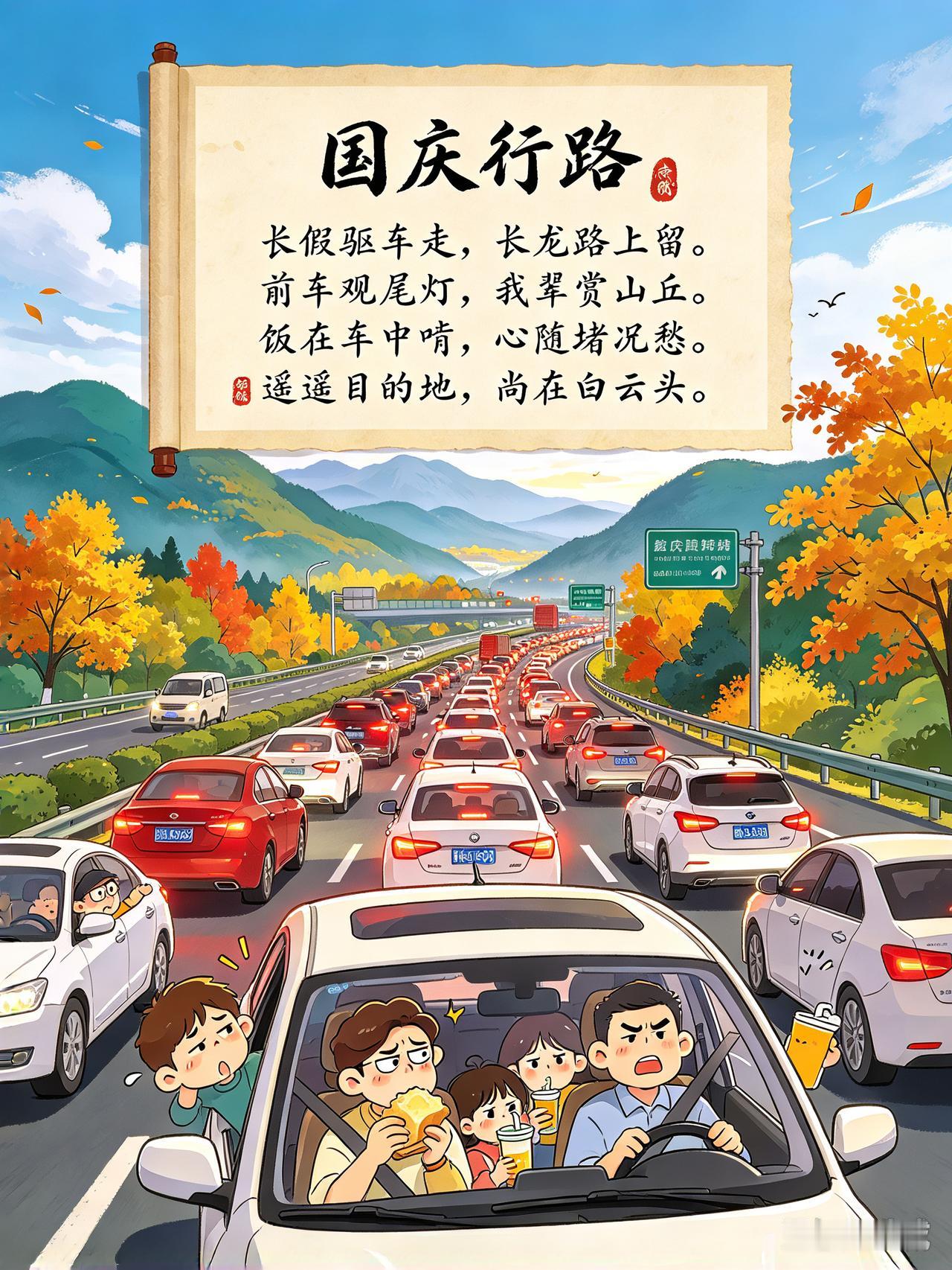 国庆行路

长假驱车走，长龙路上留。 
前车观尾灯，我辈赏山丘。
 饭在车中啃，