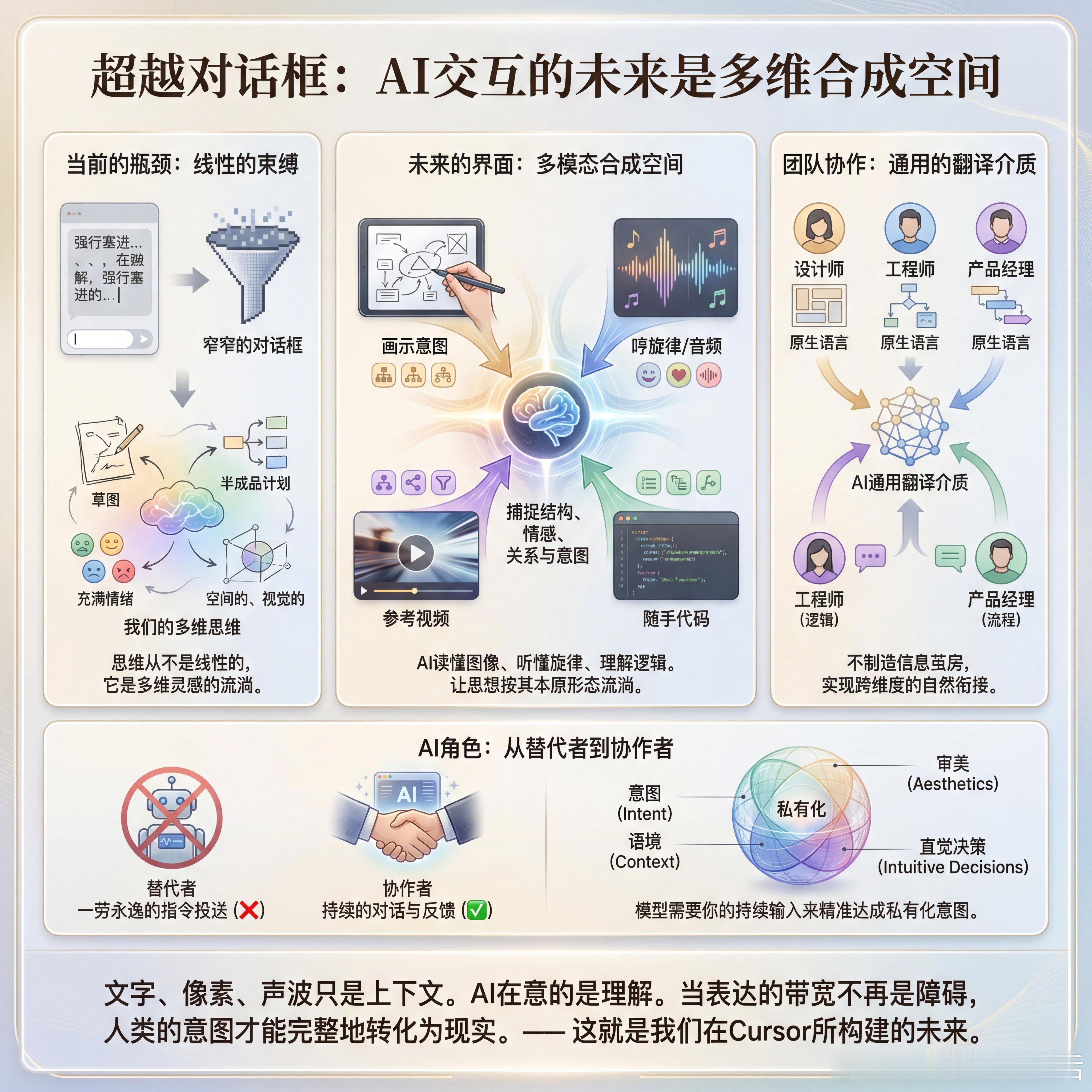 现在的瓶颈不再是模型，而是那个窄窄的对话框。我们的思维从来不是线性的。它是空间的