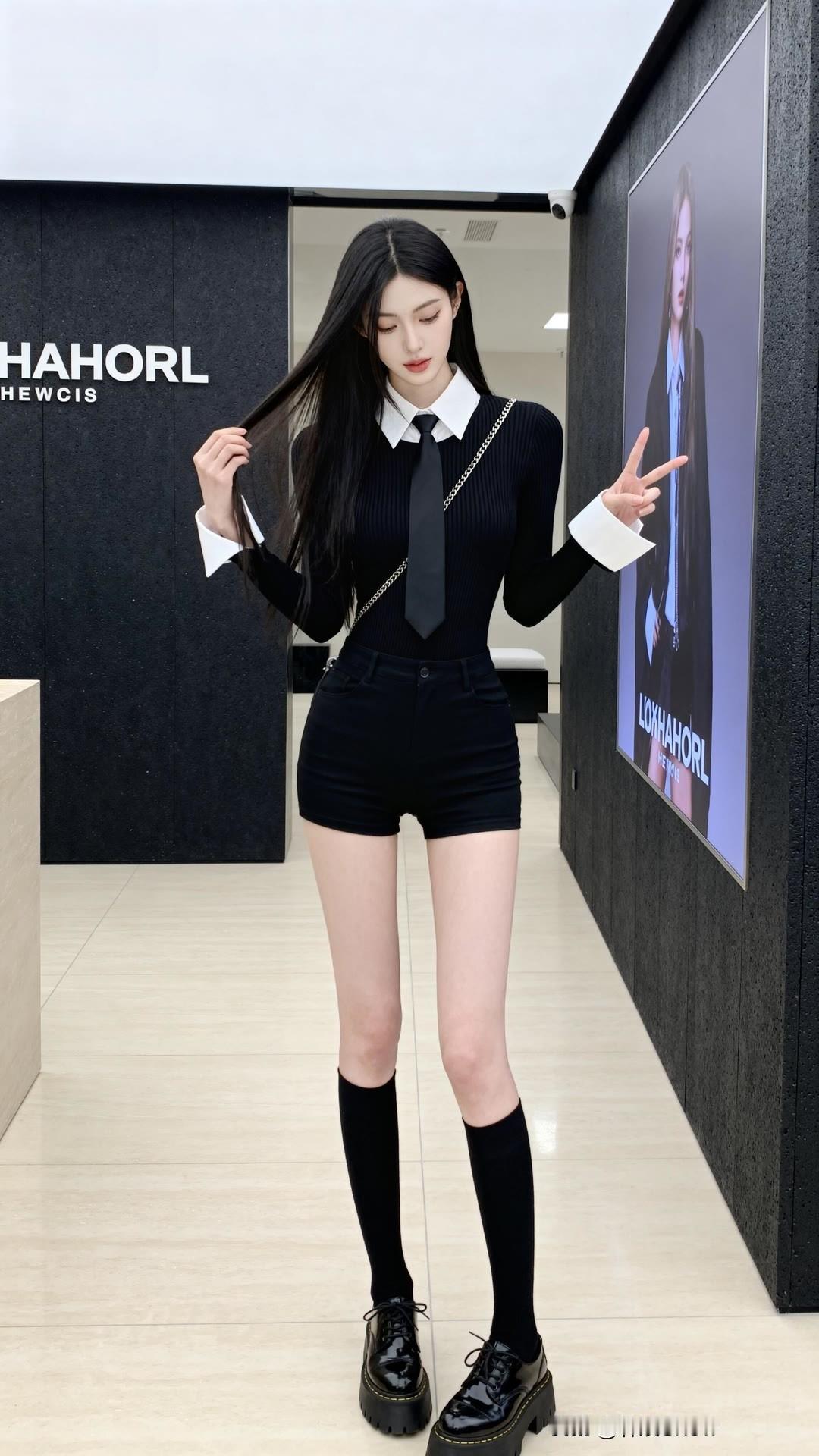 黑色学院风穿搭，搭配高筒袜和厚底鞋，尽显青春活力！大长腿