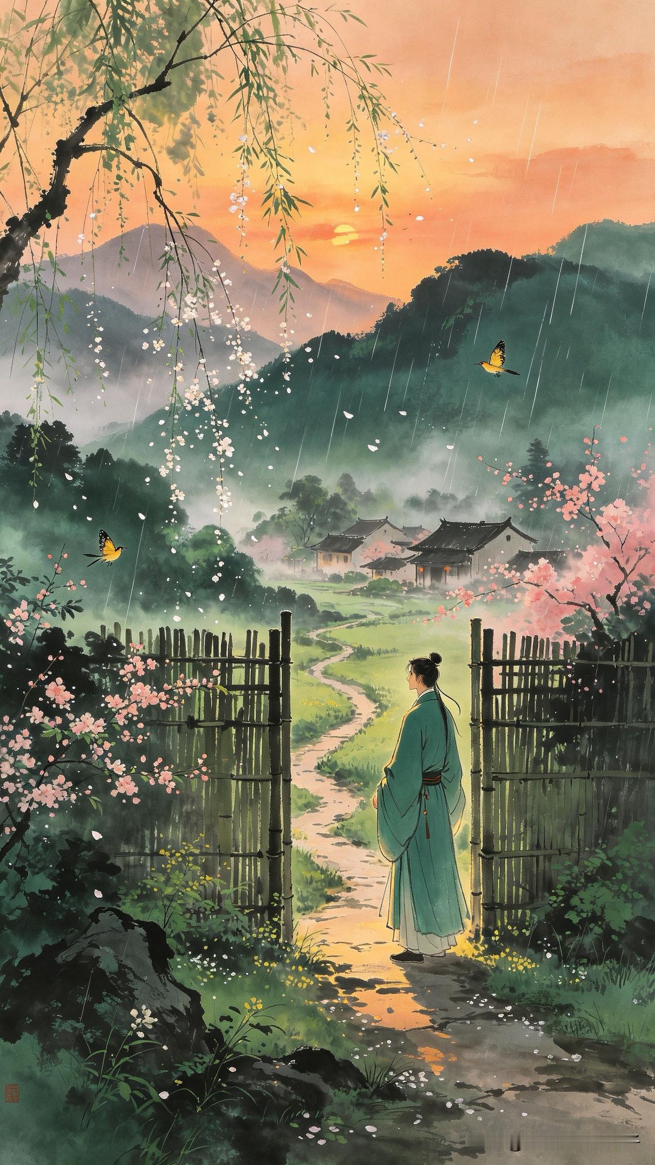 蝶倦莺闲昼掩门，
风飘柳絮乱黄昏。
一帘烟雨迷归路，
    
…………请师友续