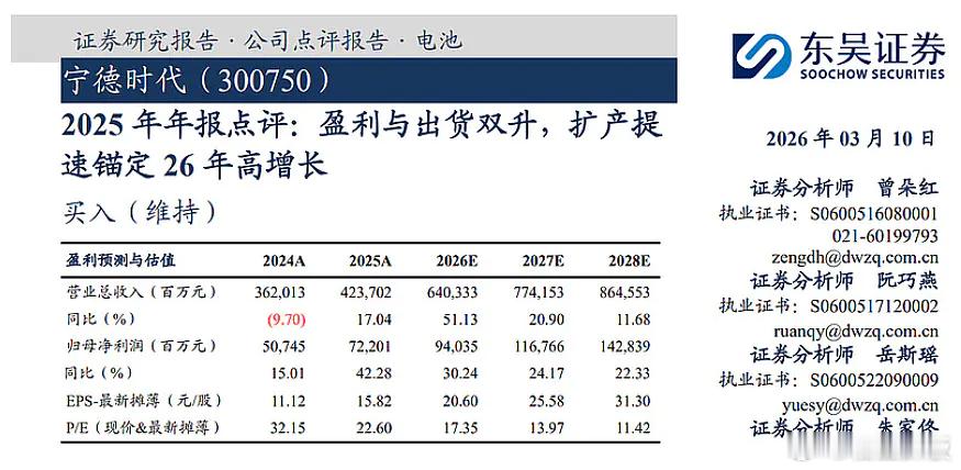 宁德时代一季报显示，实现营业收入约为1291.31亿元，同比增长52.45%；对
