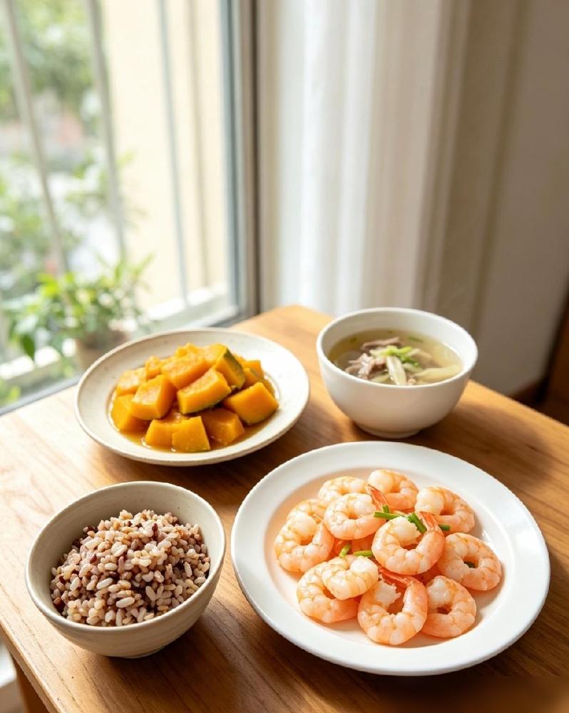 一份普通午餐。

这份午餐：

清炒南瓜

荞麦杂粮饭

白灼虾仁

吃饭不能照