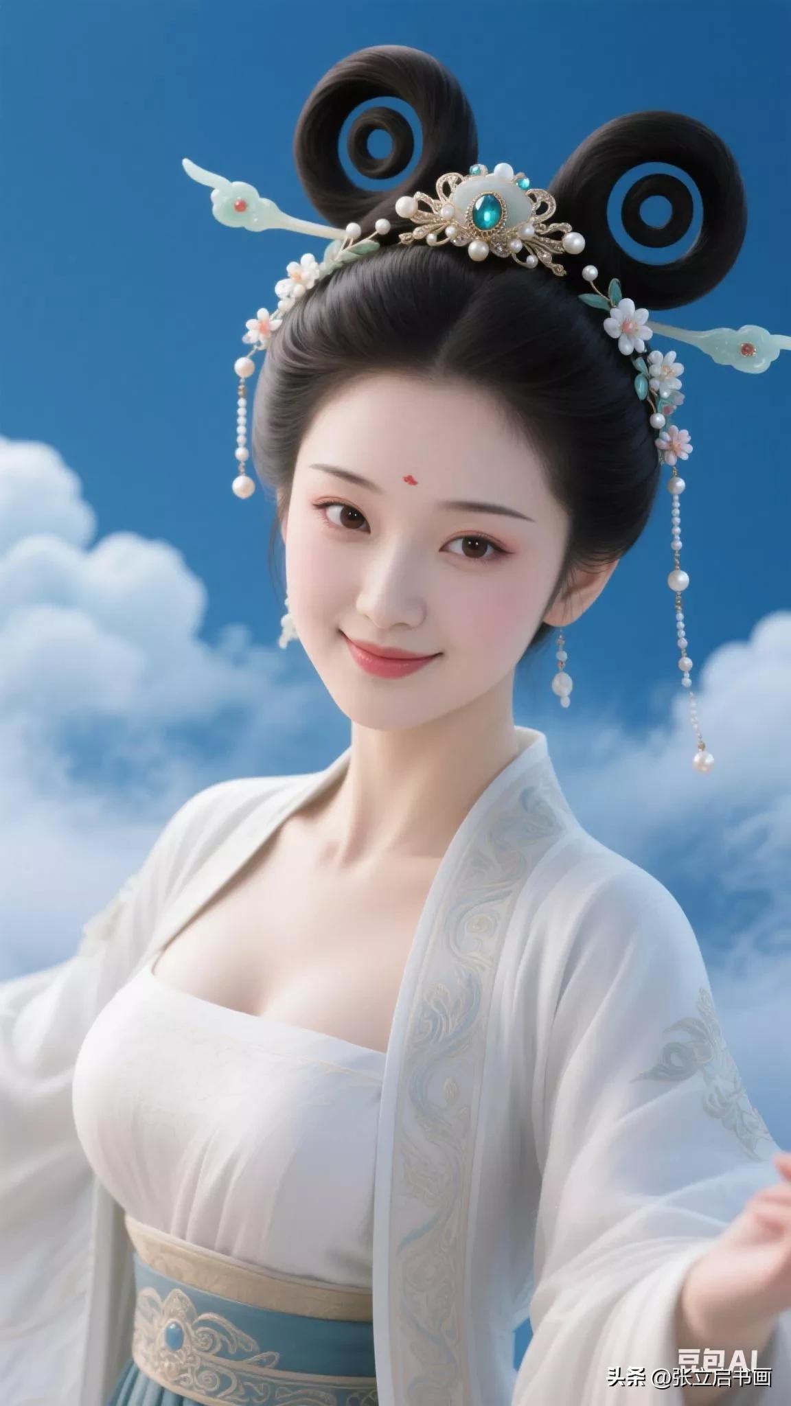 仙气飘飘的古风美人，云雾缭绕的背景，宛如画中仙子。张立启原创书画AI作品古仕女发