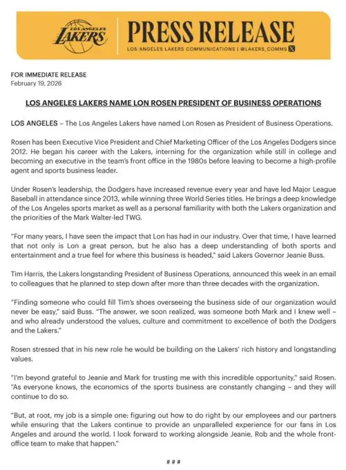 洛杉矶湖人已任命朗-罗森为球队商业运营总裁。自2012年以来，朗-罗森一直担任洛