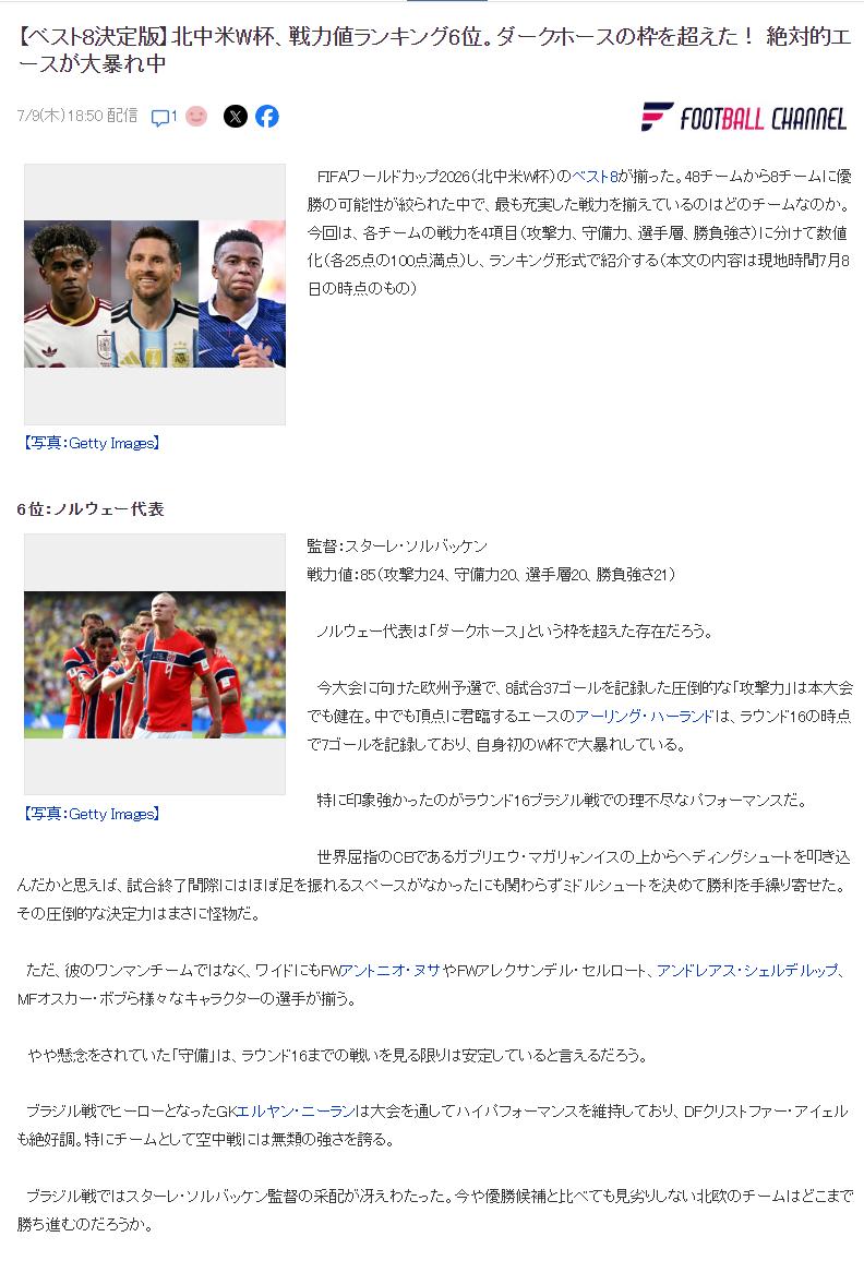 挪威成美加墨世界杯战力排行榜第 6 位！早已超出黑马定位！绝对王牌火力全开
20