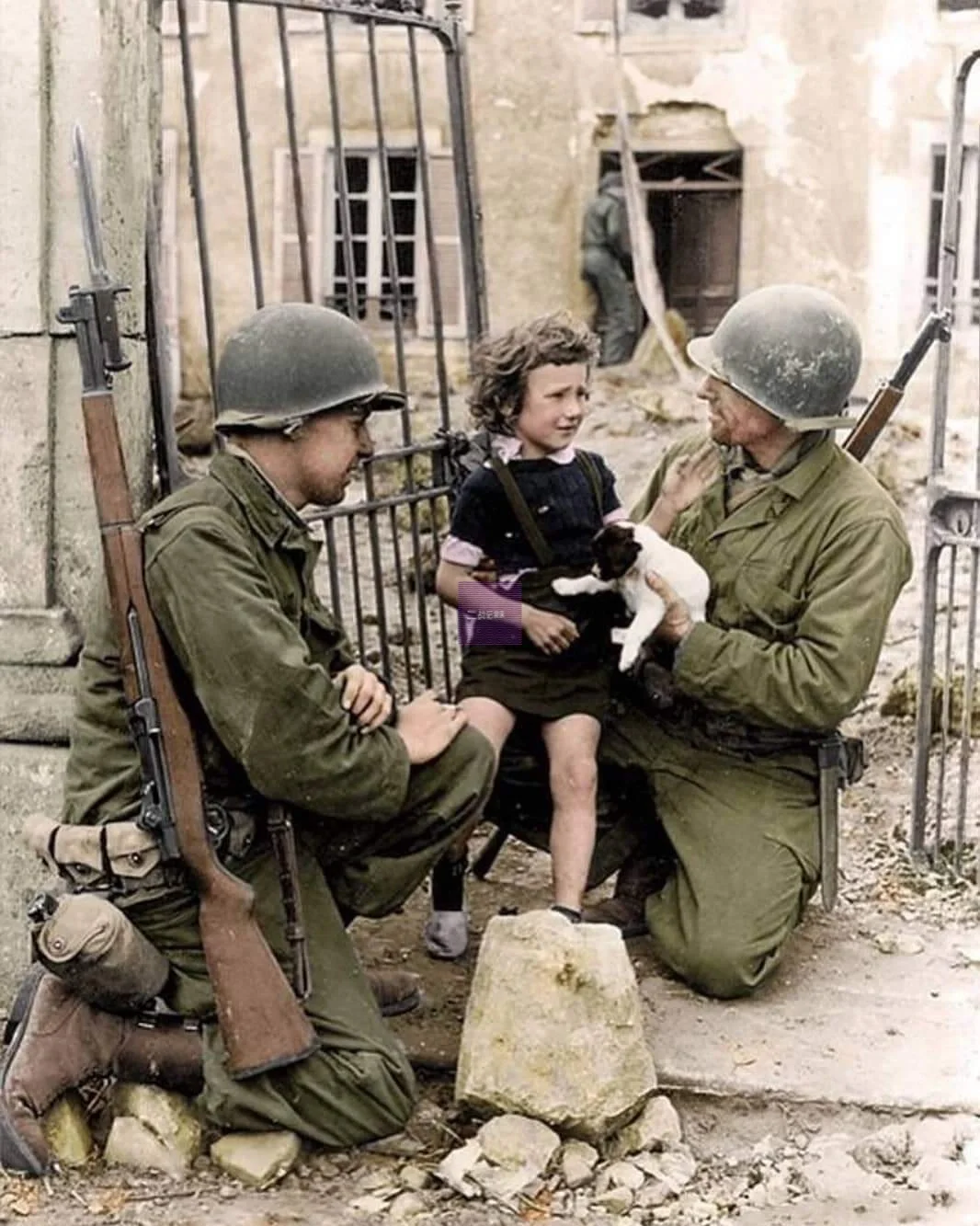 1944年6月，在法国诺曼底战役期间，两名美国大兵试图用一只小狗来鼓舞...