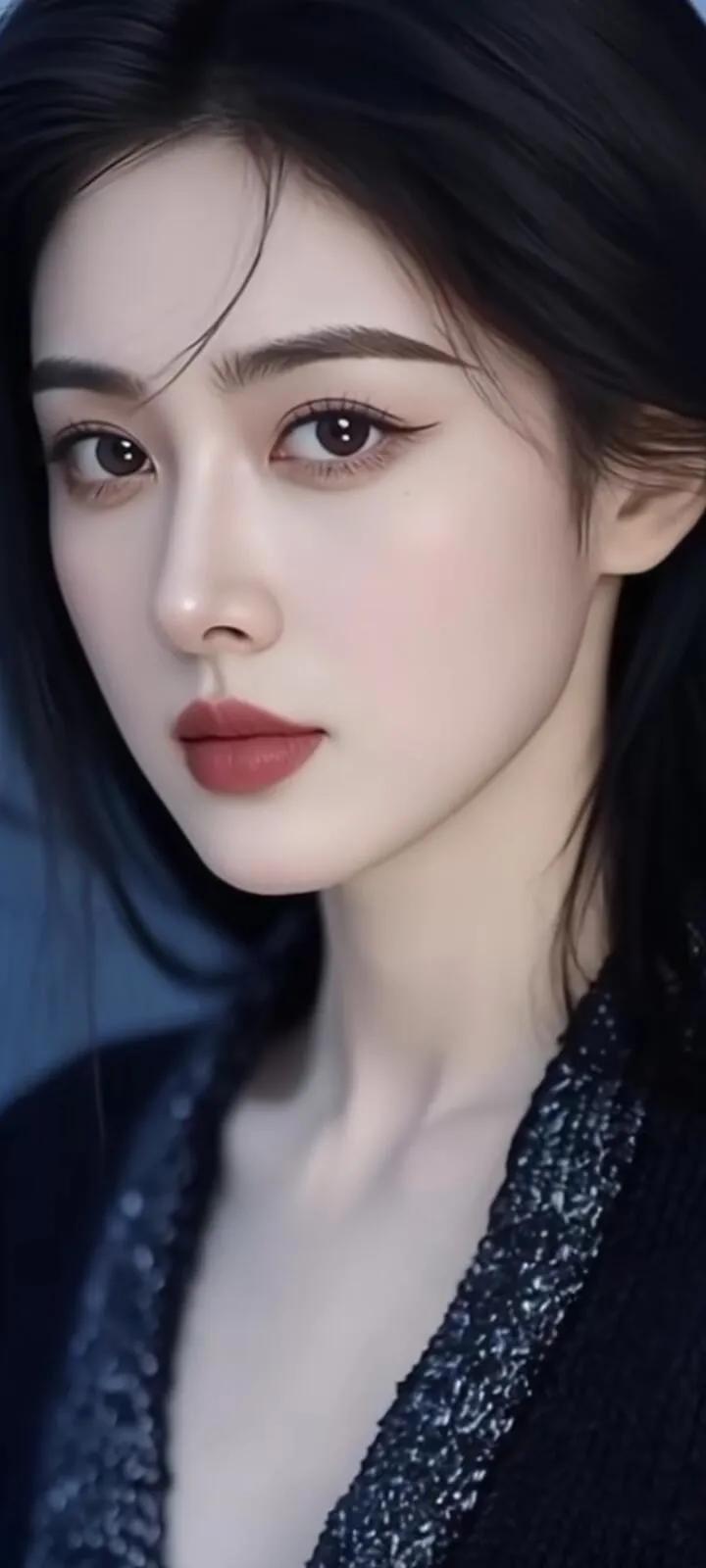 温柔眼波流转，黑发如瀑，红唇轻启，优雅动人。