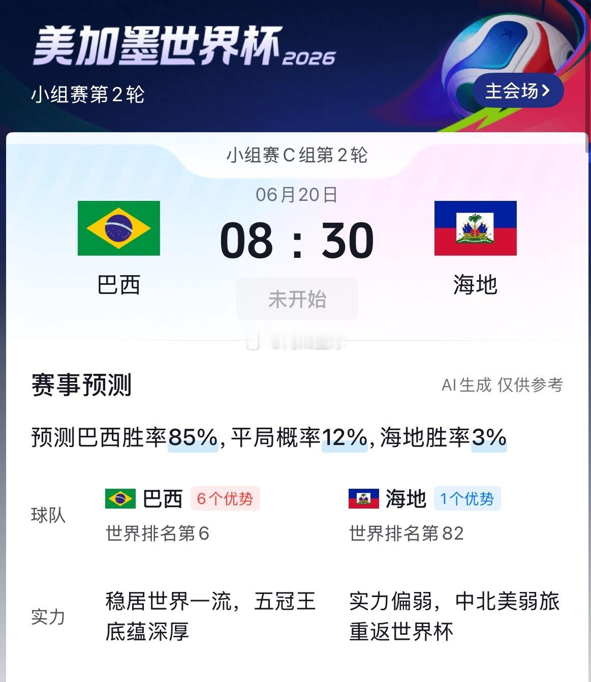 周五：世界杯 巴西vs海地2026.06.20     08：30巴西vs海地巴
