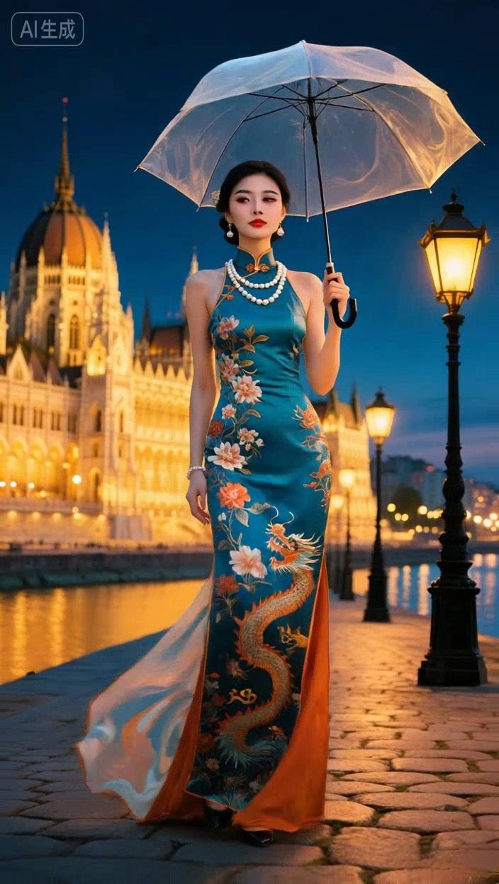 七绝●举伞曼舞/古韵  

夜色阑珊曼舞梭，
灯光璀璨任轻歌。
旗袍汉服端庄美，