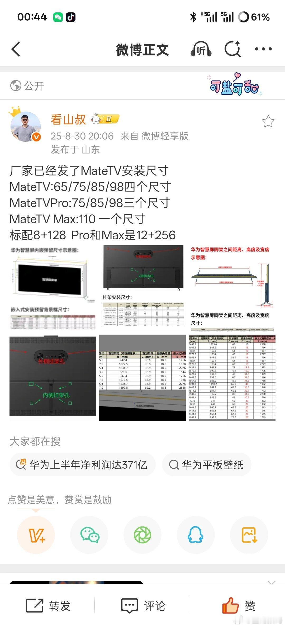 【华为智慧屏MateTV系列有65/75/85/98四个尺寸可选】据看山叔叔发文