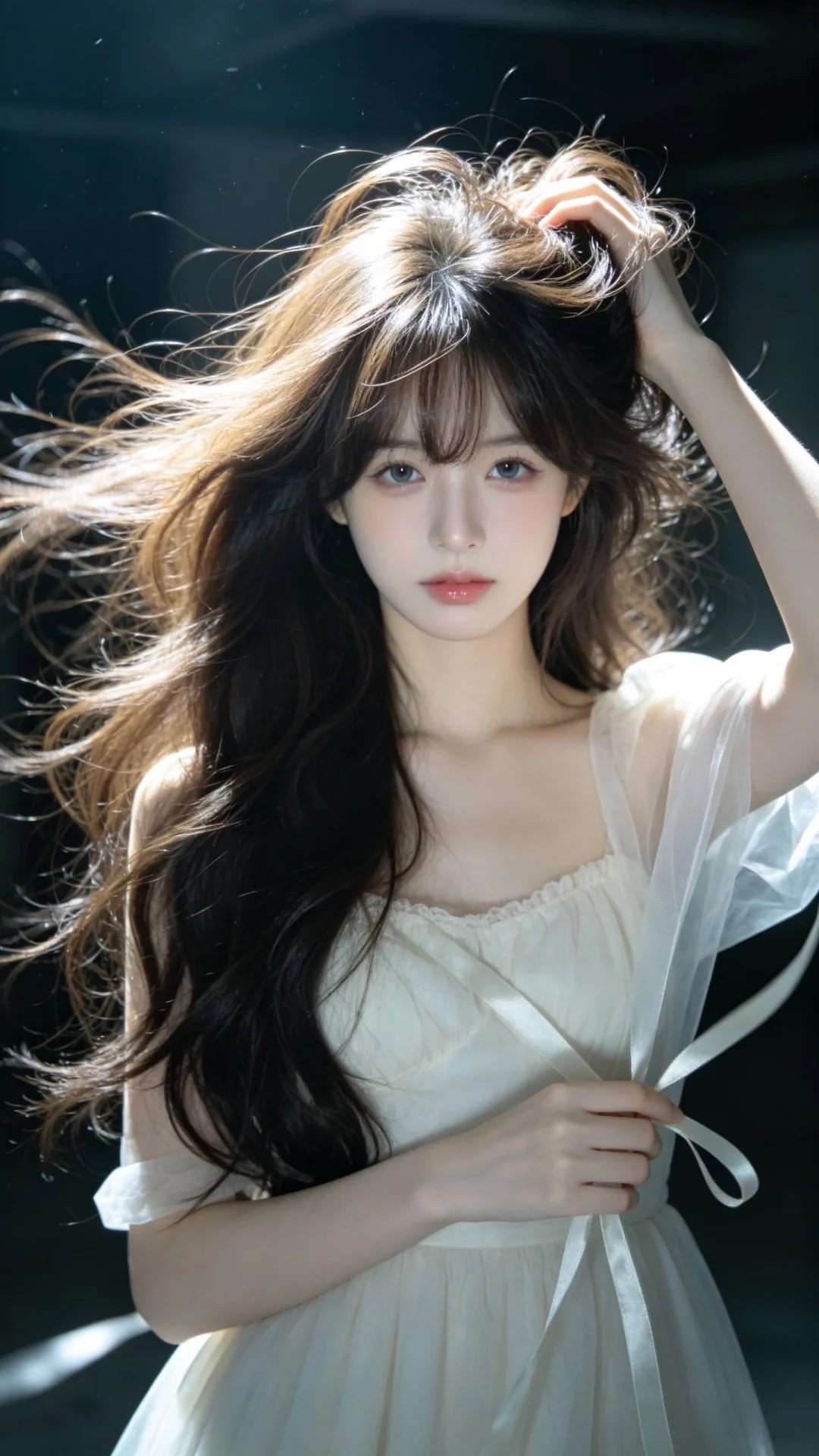 一位长发及腰、超现实主义，真人出镜，模样似洋娃娃般可爱的女生。构图随意...