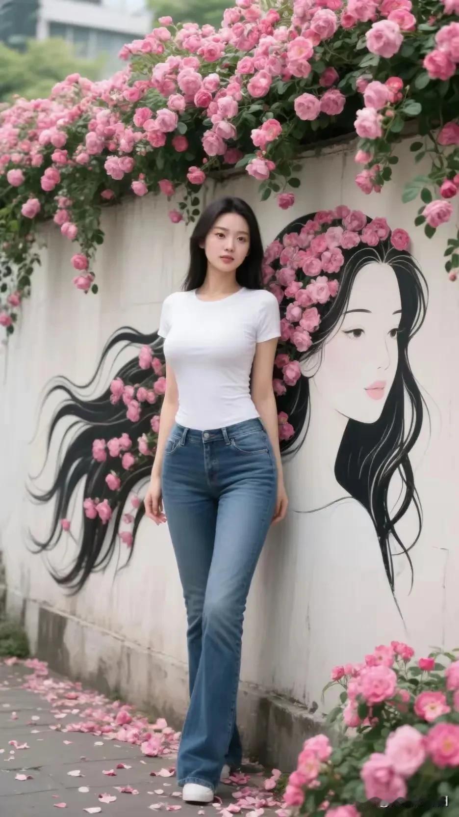 粉嫩花墙下的少女，那画面确实美。花墙就像天然的背景板，能把少女的清新自然衬托得淋