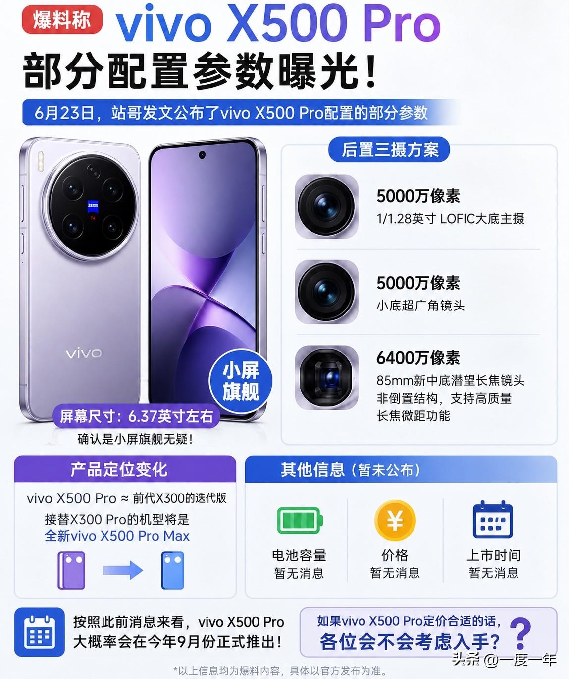 vivo X500 Pro又有新爆料了，这次站哥放出了不少配置细节，看下来最大的
