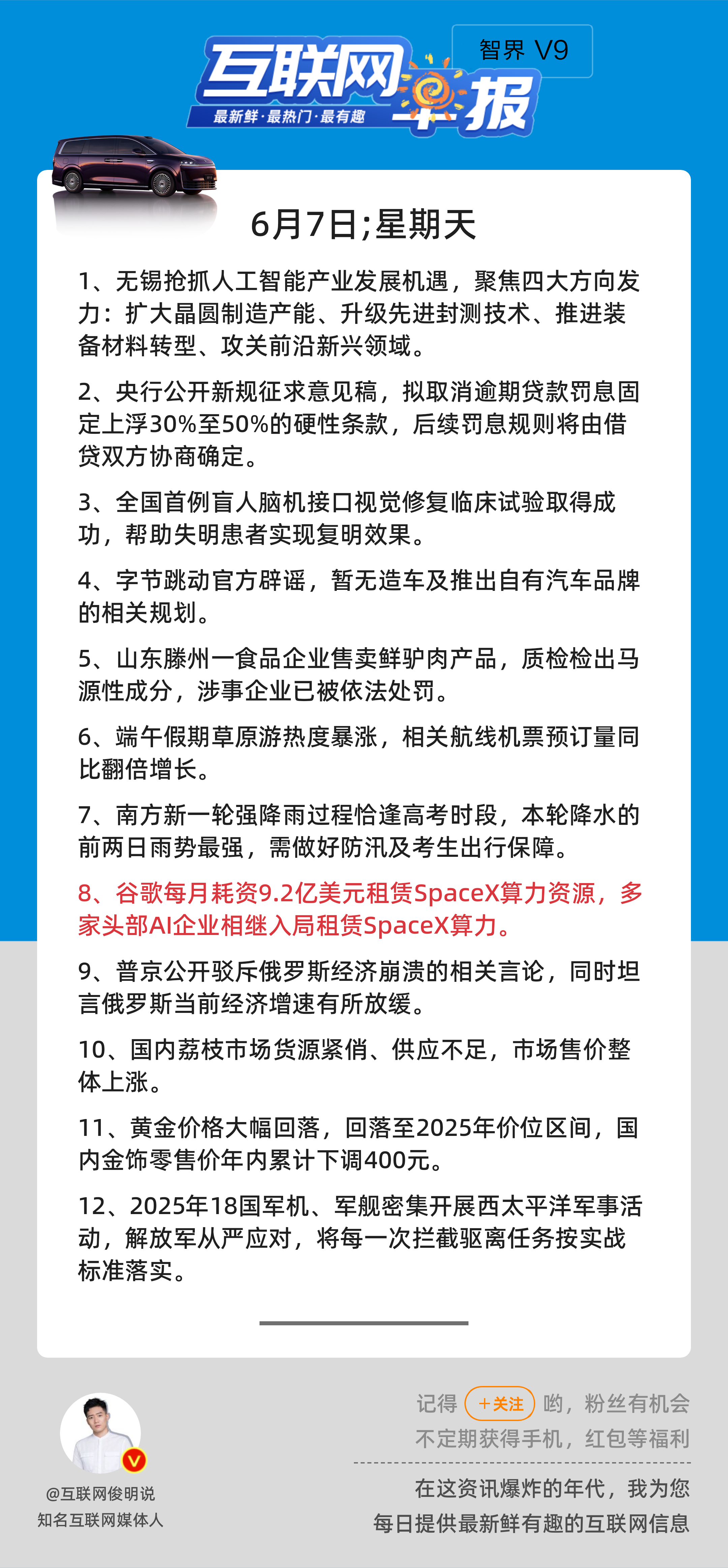 6月7日，星期天，《第3162期》；互联网早报，众览天下事关心第8条：谷歌每月耗